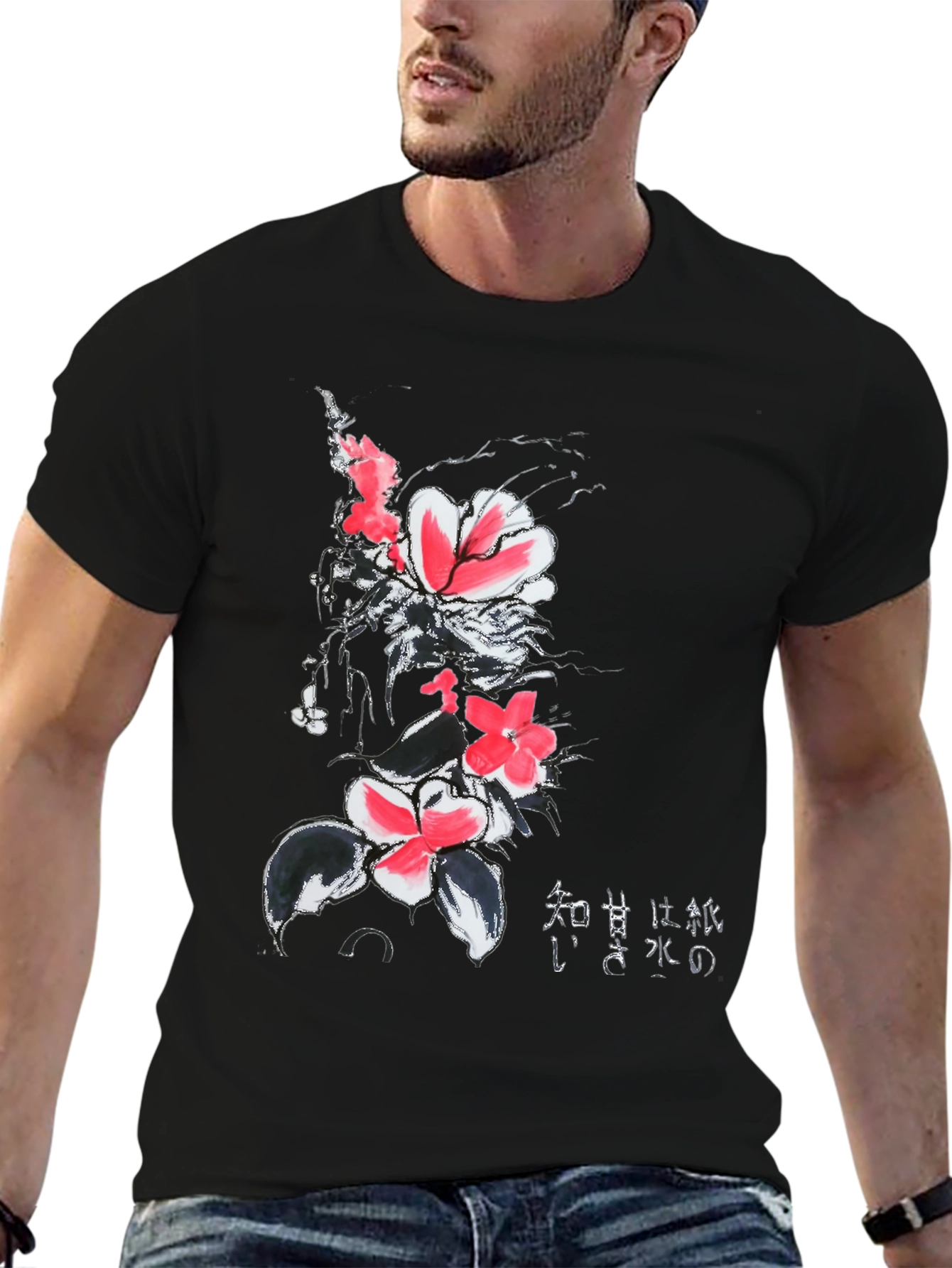 Black Floral Print Black T-Shirt with Japanese Text view 6