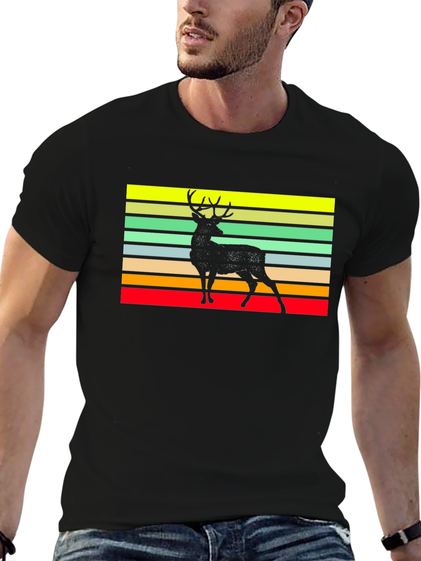 Black Retro Deer Graphic Tee - Black Casual Shirt view 6