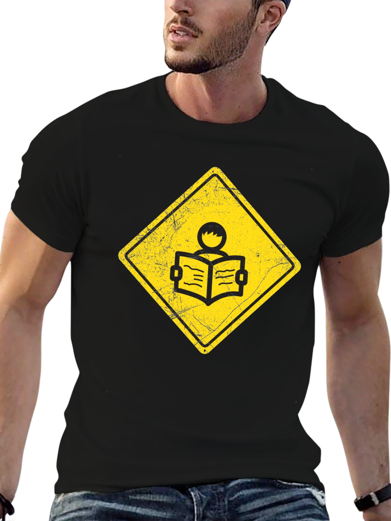 Black Caution Reader T-Shirt - Black Cotton Tee view 6