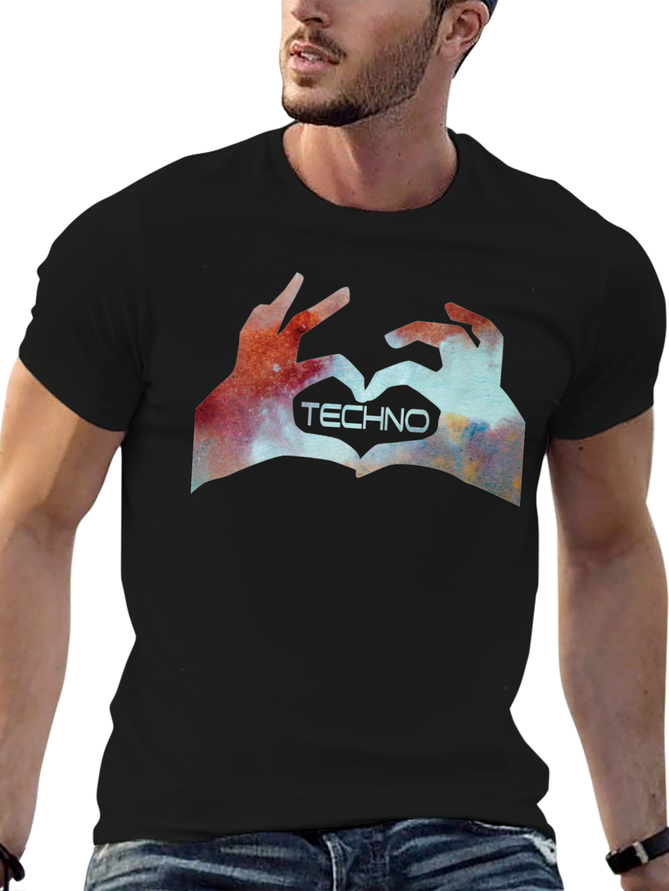 Black Techno Love Hands Graphic Tee - Black view 6