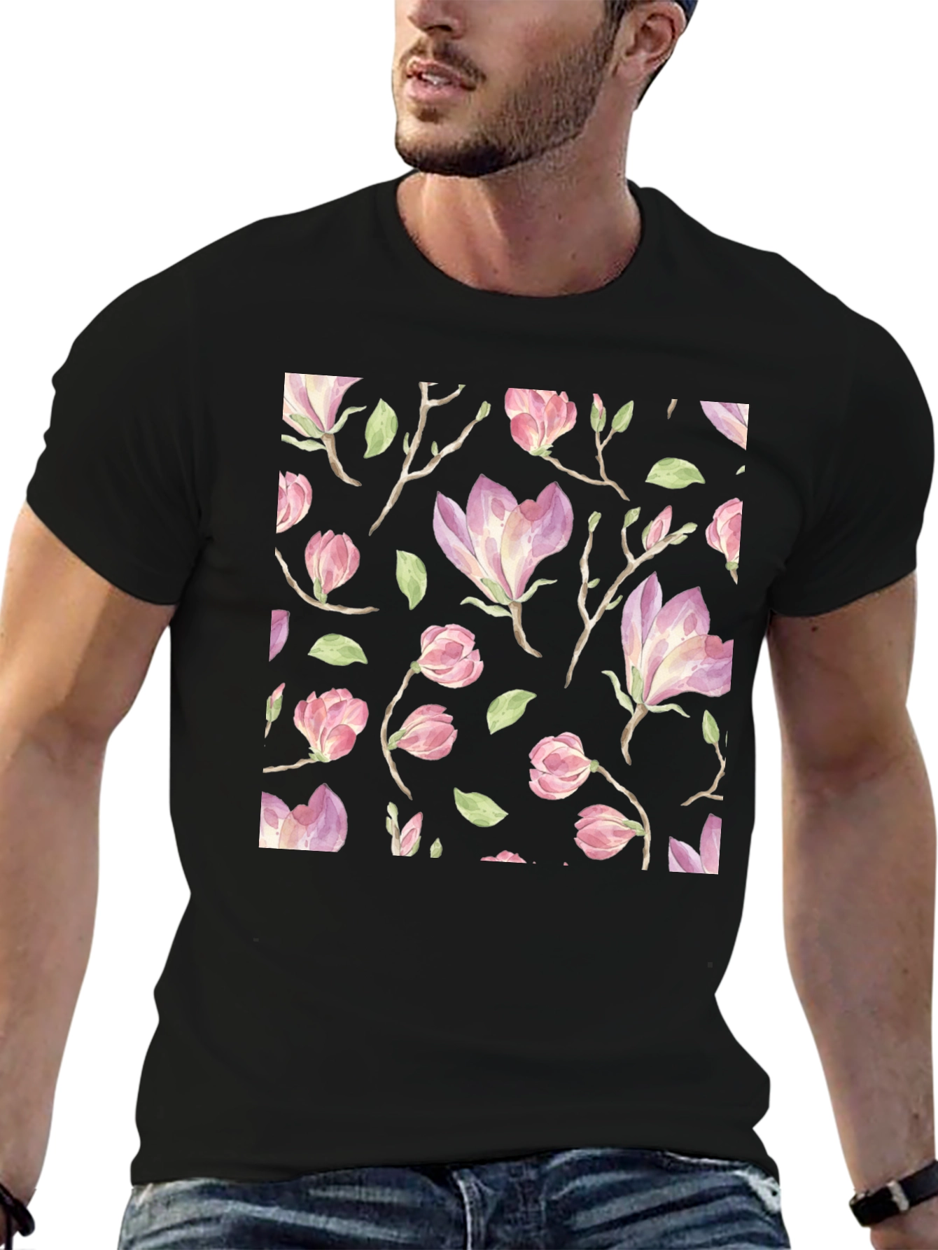 Black Floral Print T-Shirt - Black Cotton Blend view 6