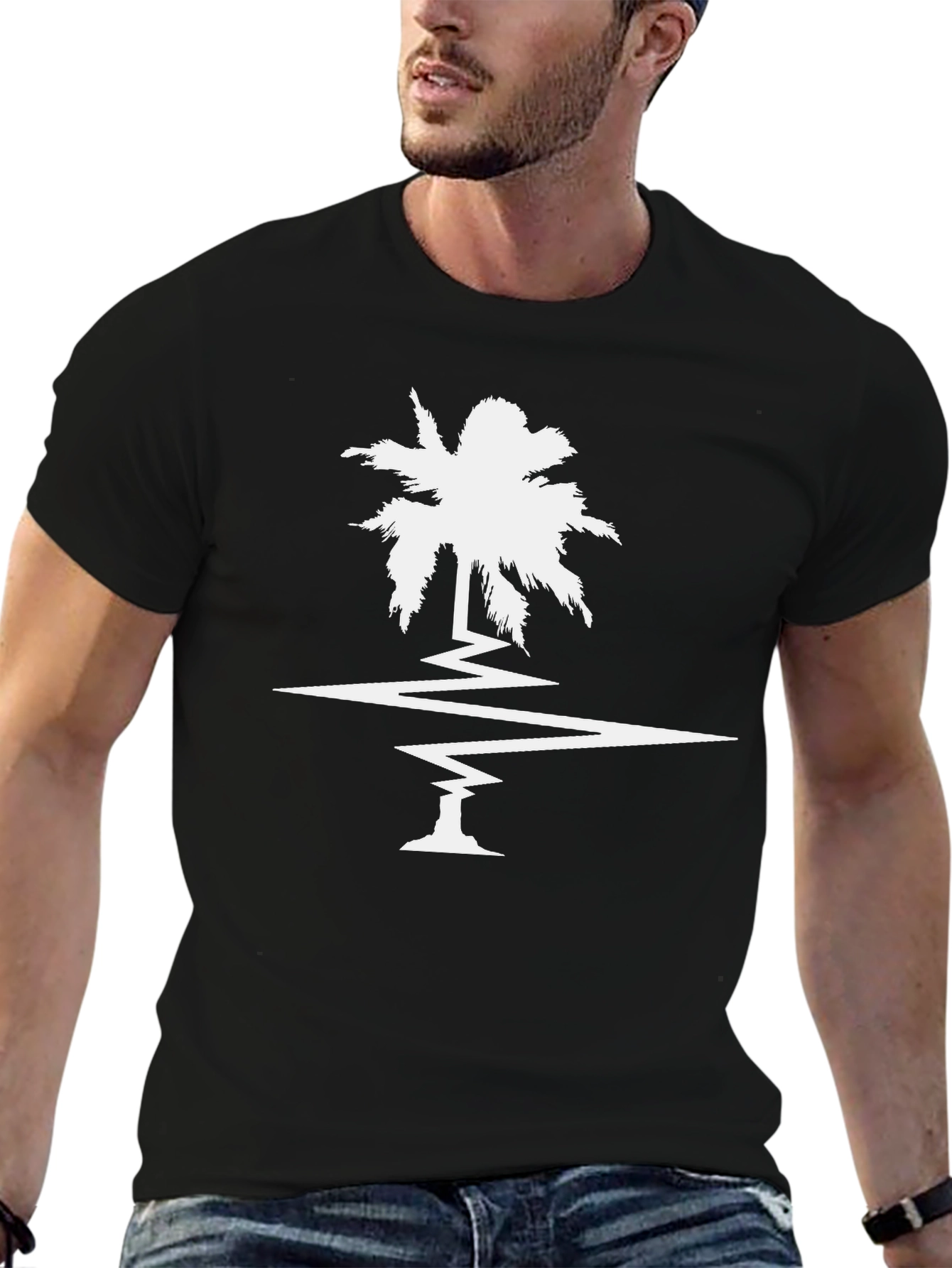 Black Palm Tree Heartbeat Graphic Tee - Cool Black T-Shirt view 6
