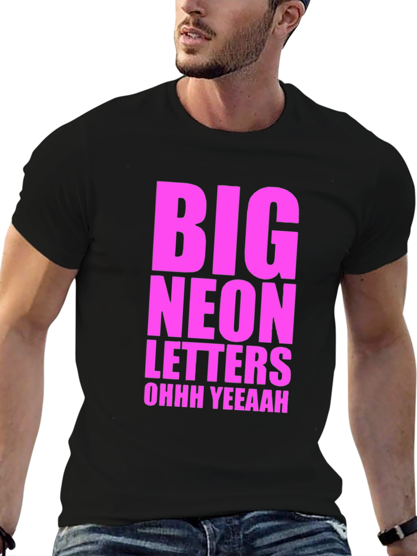 Black Big Neon Letters Graphic Tee - Black Cotton T-Shirt view 6
