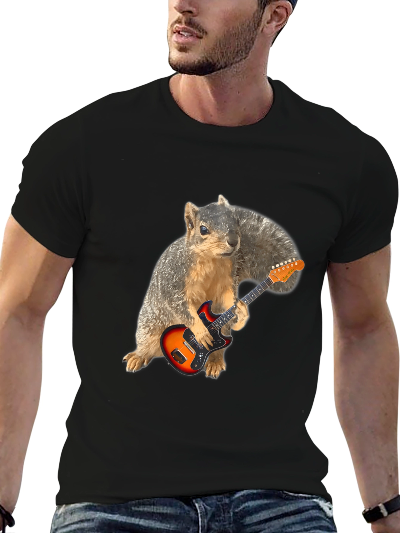 Black Squirrel Guitarist Graphic Tee - Black T-Shirt view 6