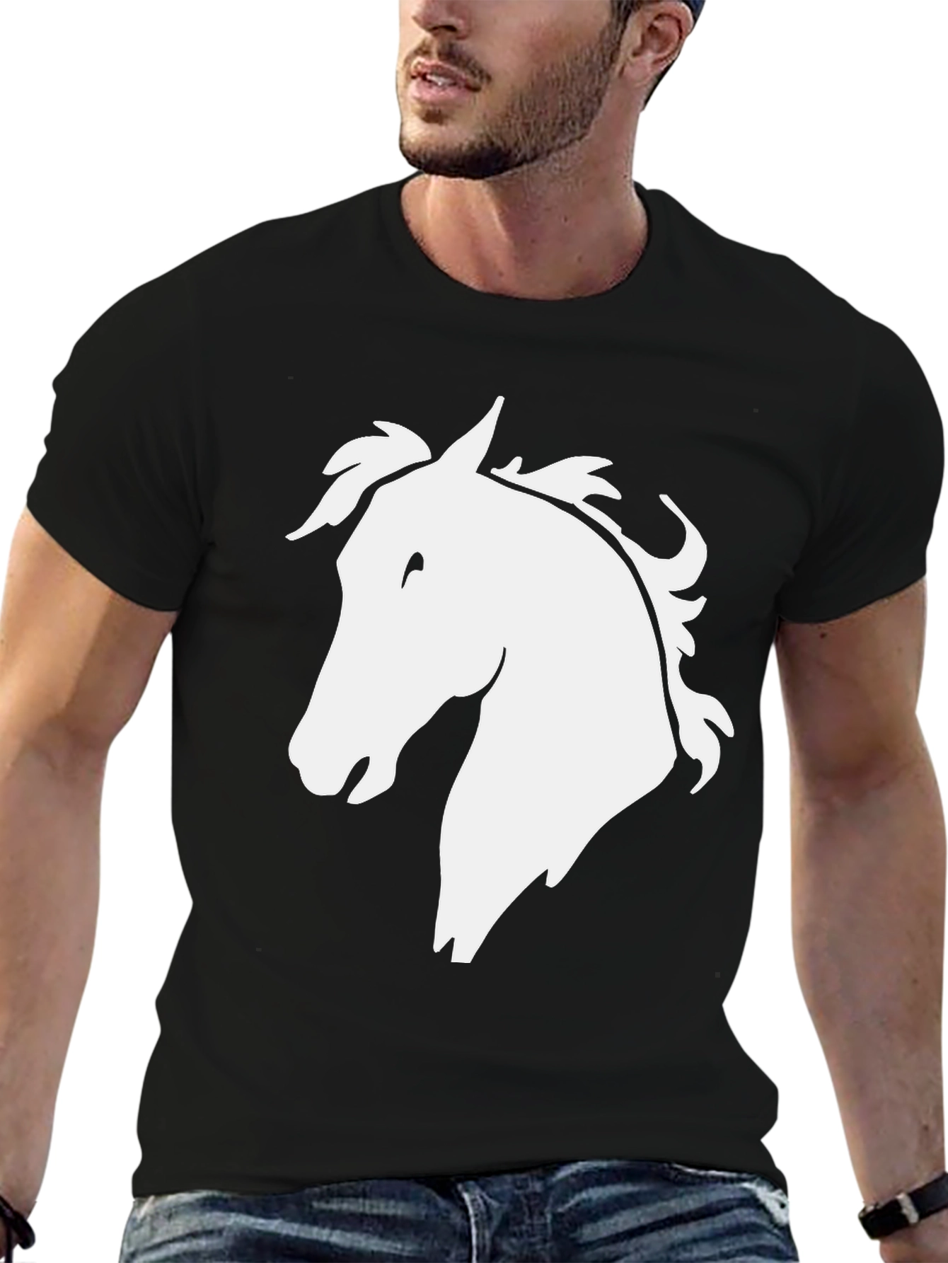 Black Horse Head Graphic Tee - Black Cotton T-Shirt view 6