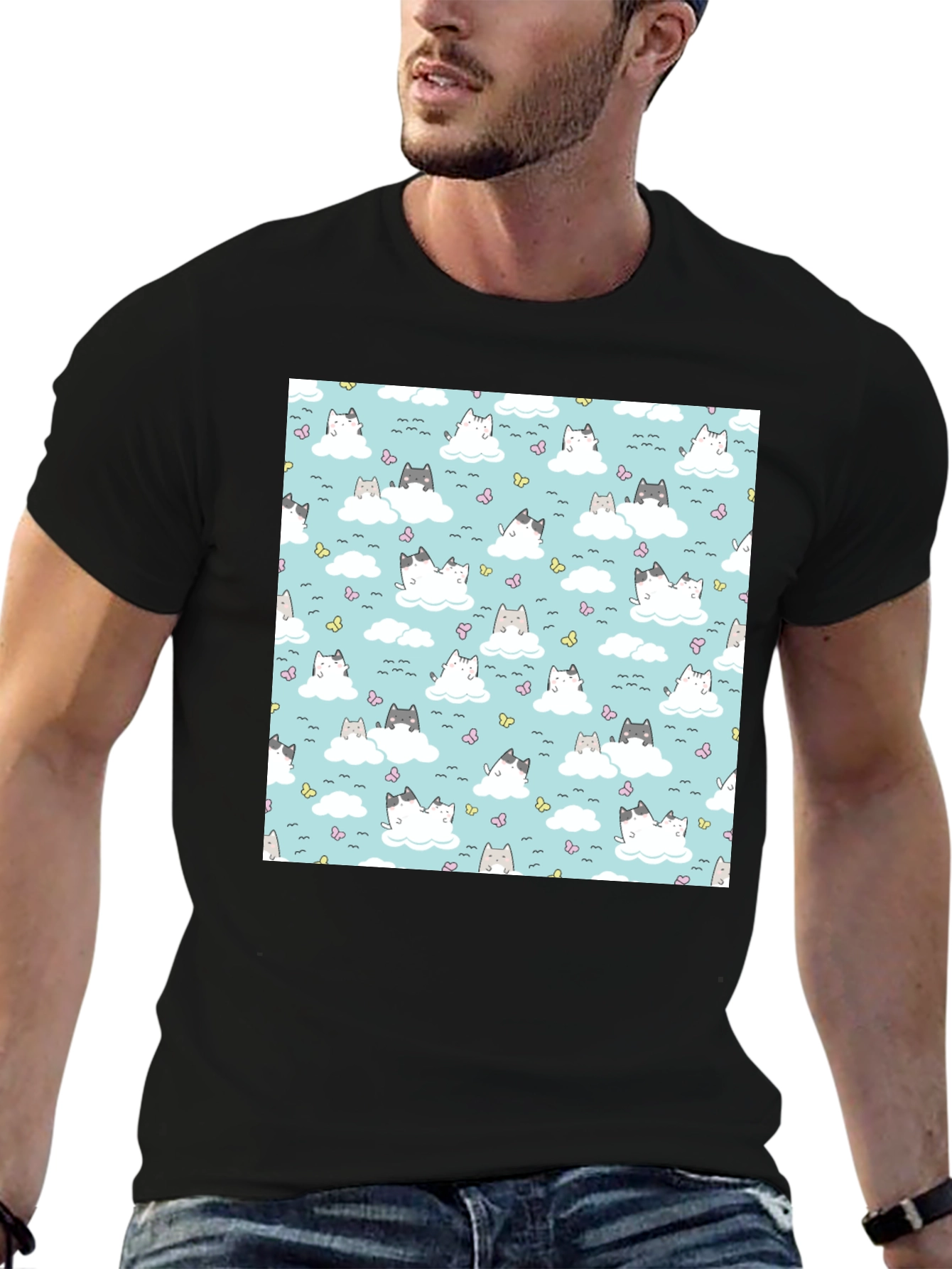 Black Cloud Cat Tee - Cute Pattern Black T-Shirt view 6