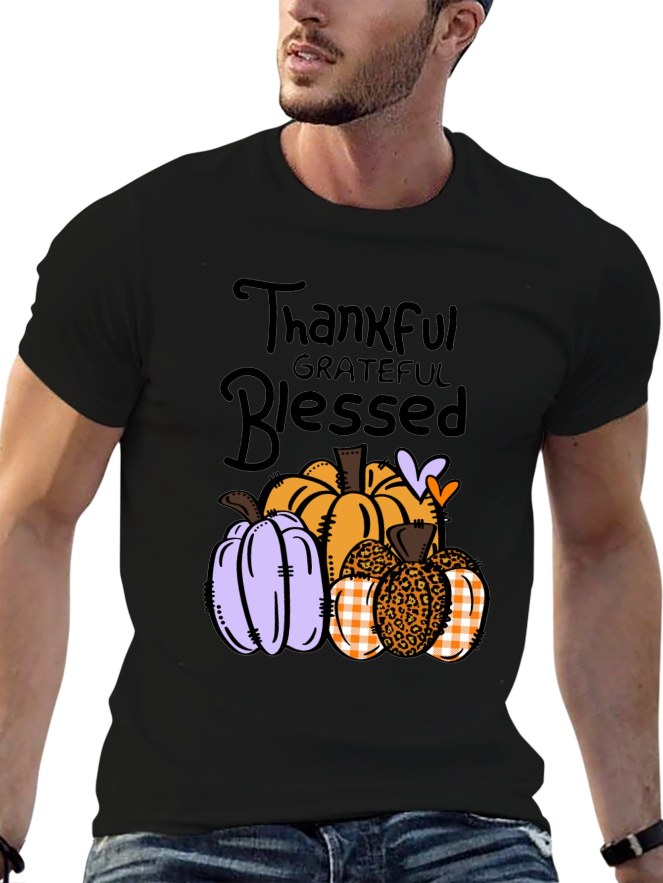 Black Thankful Grateful Blessed Pumpkin T-Shirt view 6