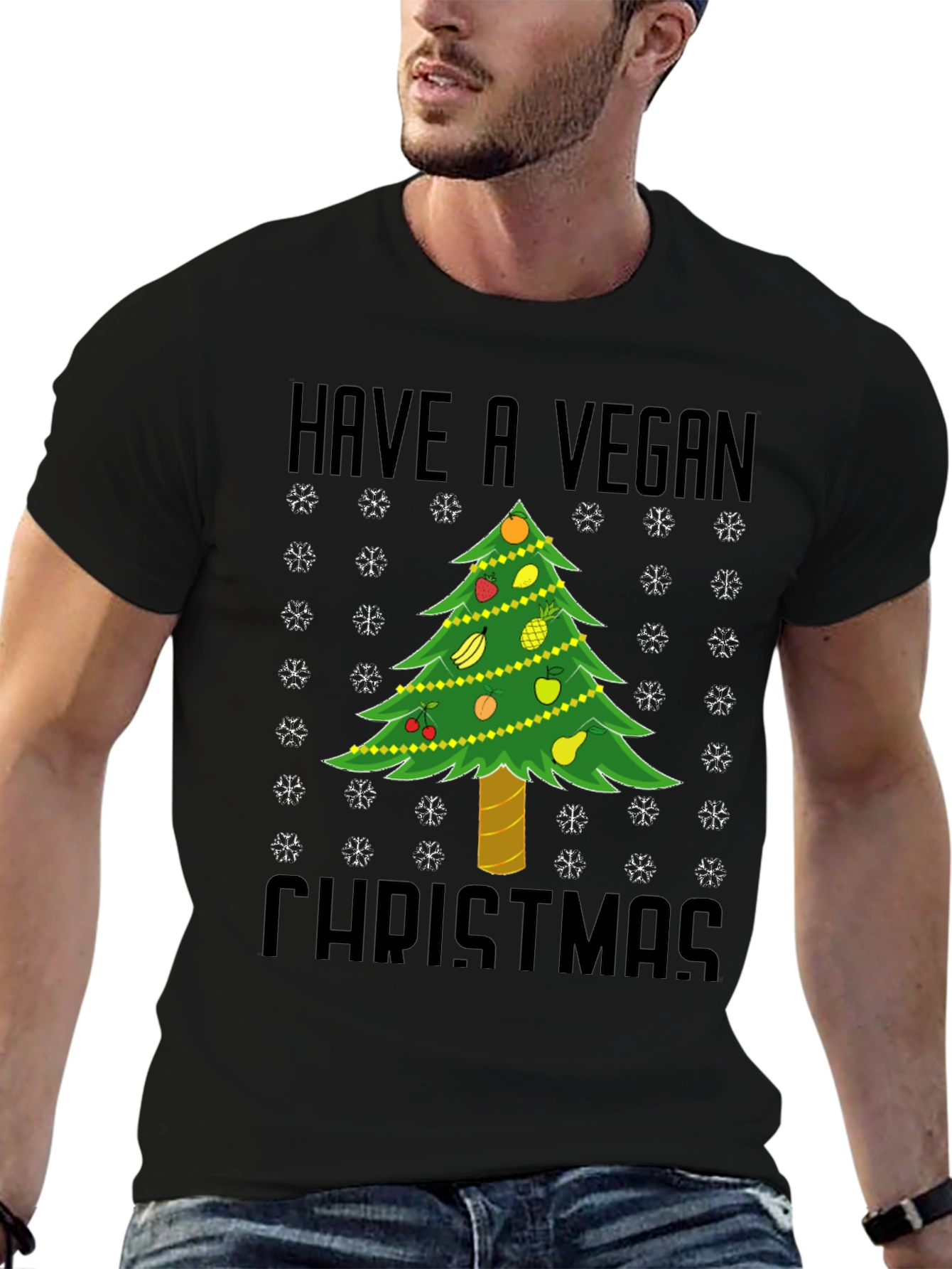 Black Vegan Christmas T-Shirt - Holiday Tree Fruit Design view 6