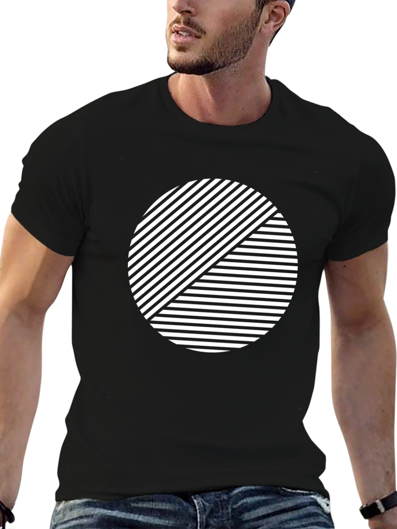 Black Geometric Graphic Tee - Abstract Striped Circle Design view 6