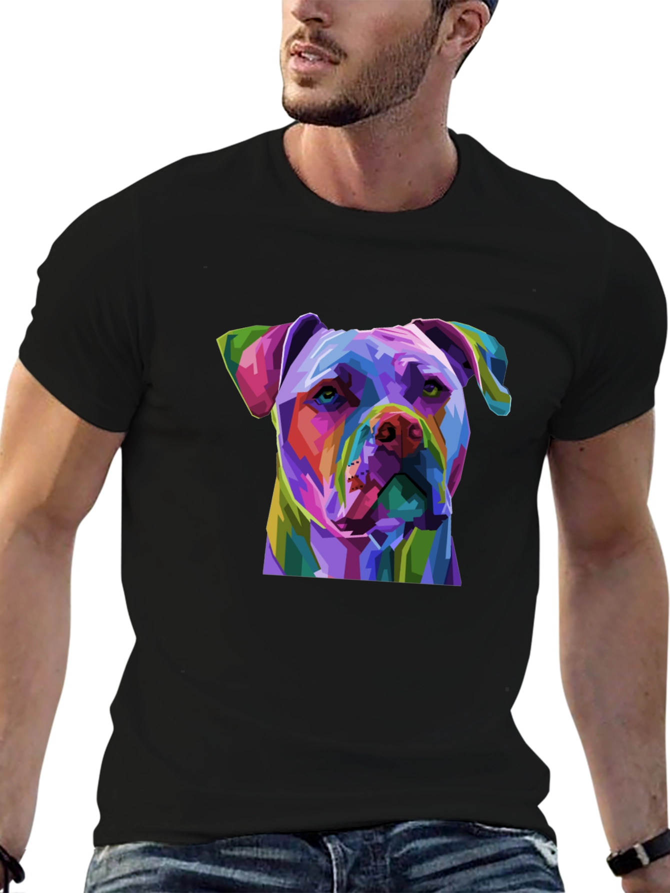 Black Colorful Pitbull Dog Graphic Print Black T-Shirt view 6