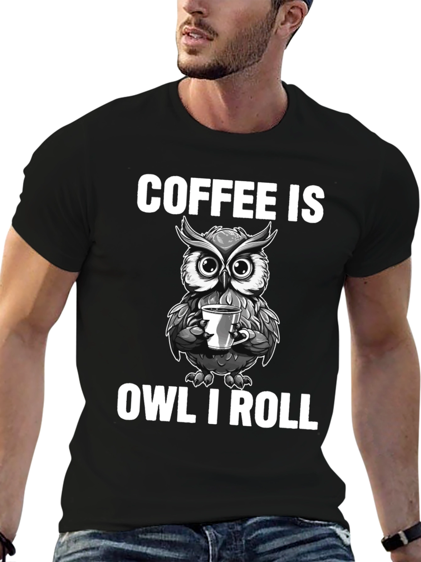 Black Coffee Is Owl I Roll T-Shirt - Funny Owl Coffee Lover Tee view 6