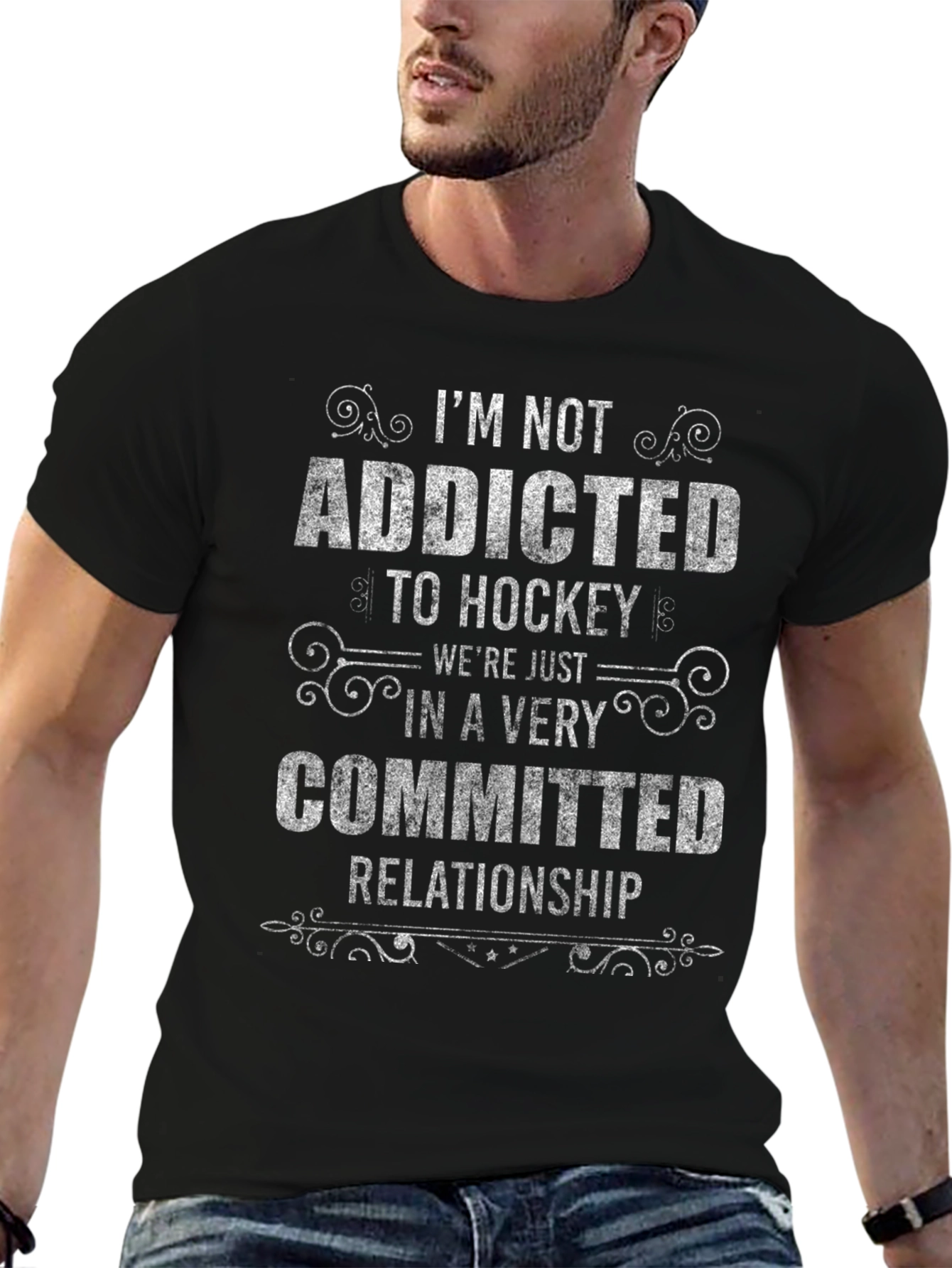 Black Hockey Addicted T-Shirt - Committed Relationship Tee view 6
