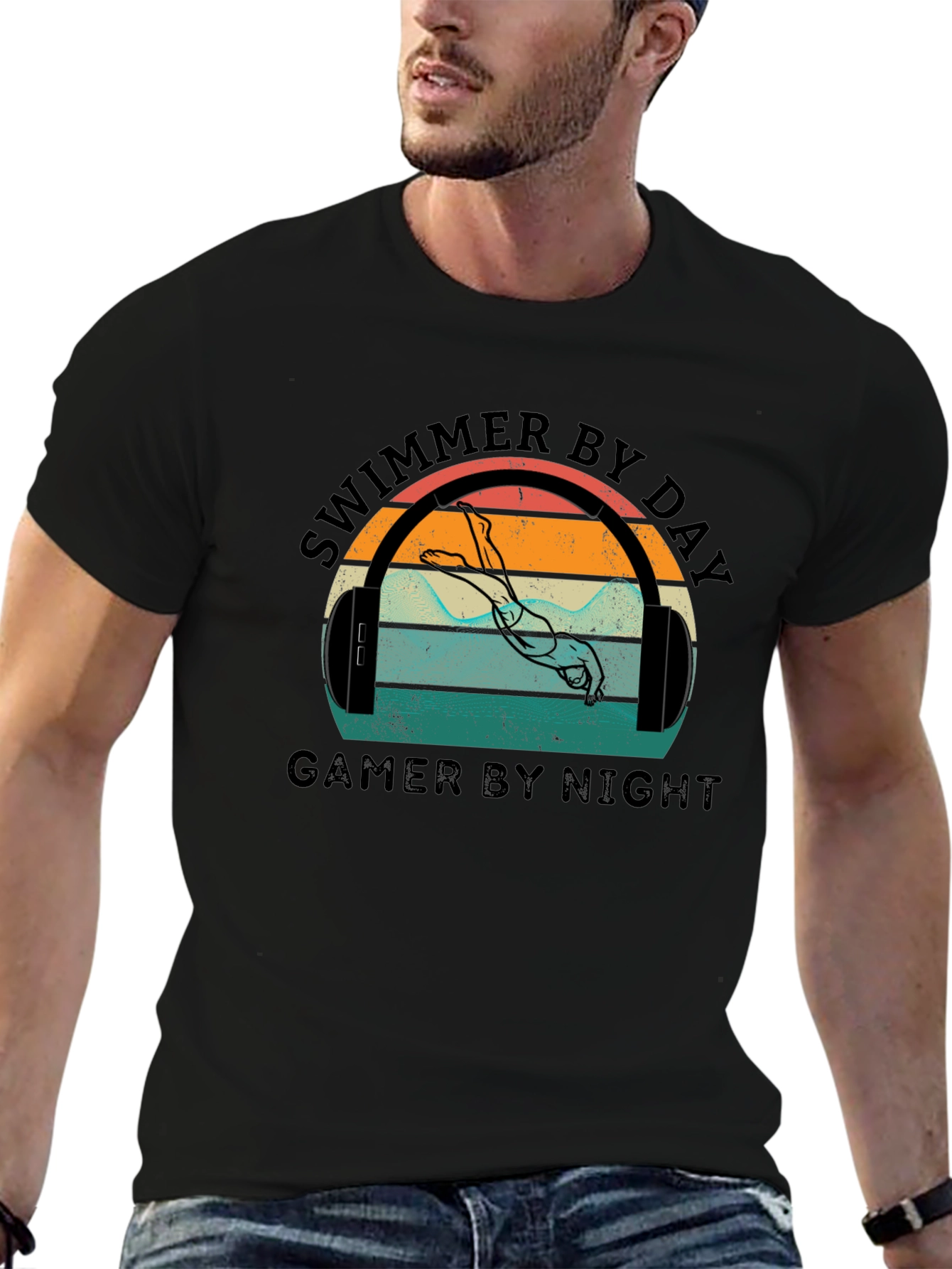 Black Swimmer By Day Gamer By Night Graphic T-Shirt view 6