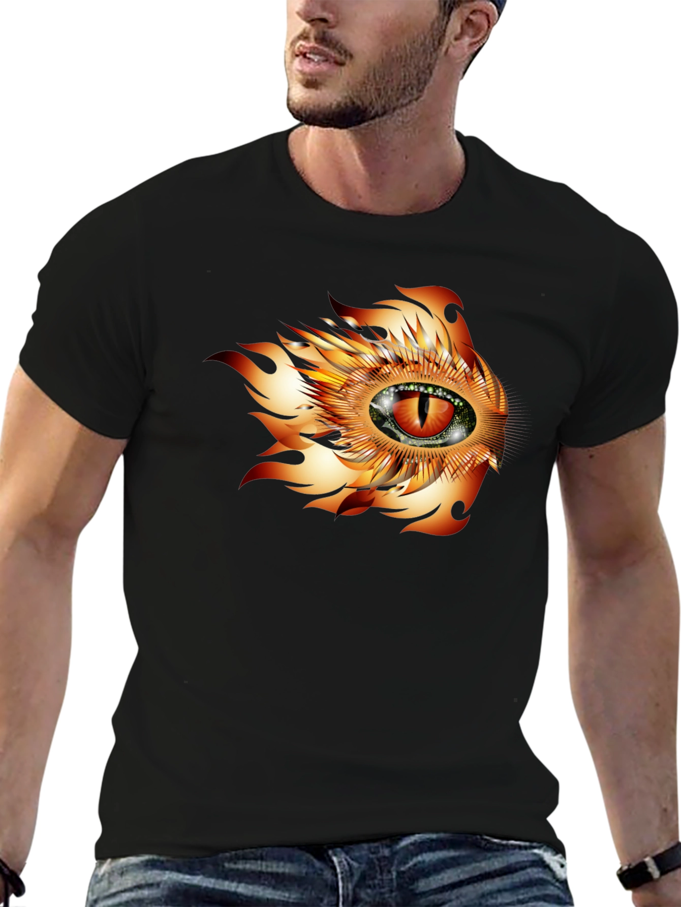 Black Fiery Eye Graphic T-Shirt - Bold Black Cotton Tee view 6