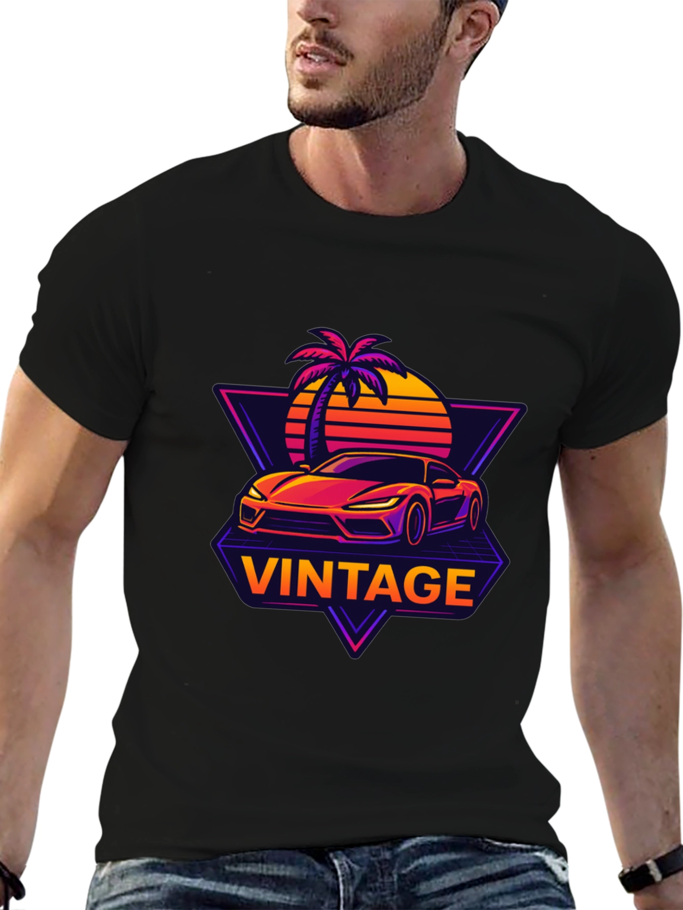 Black Vintage Sunset Car Graphic T-Shirt view 6