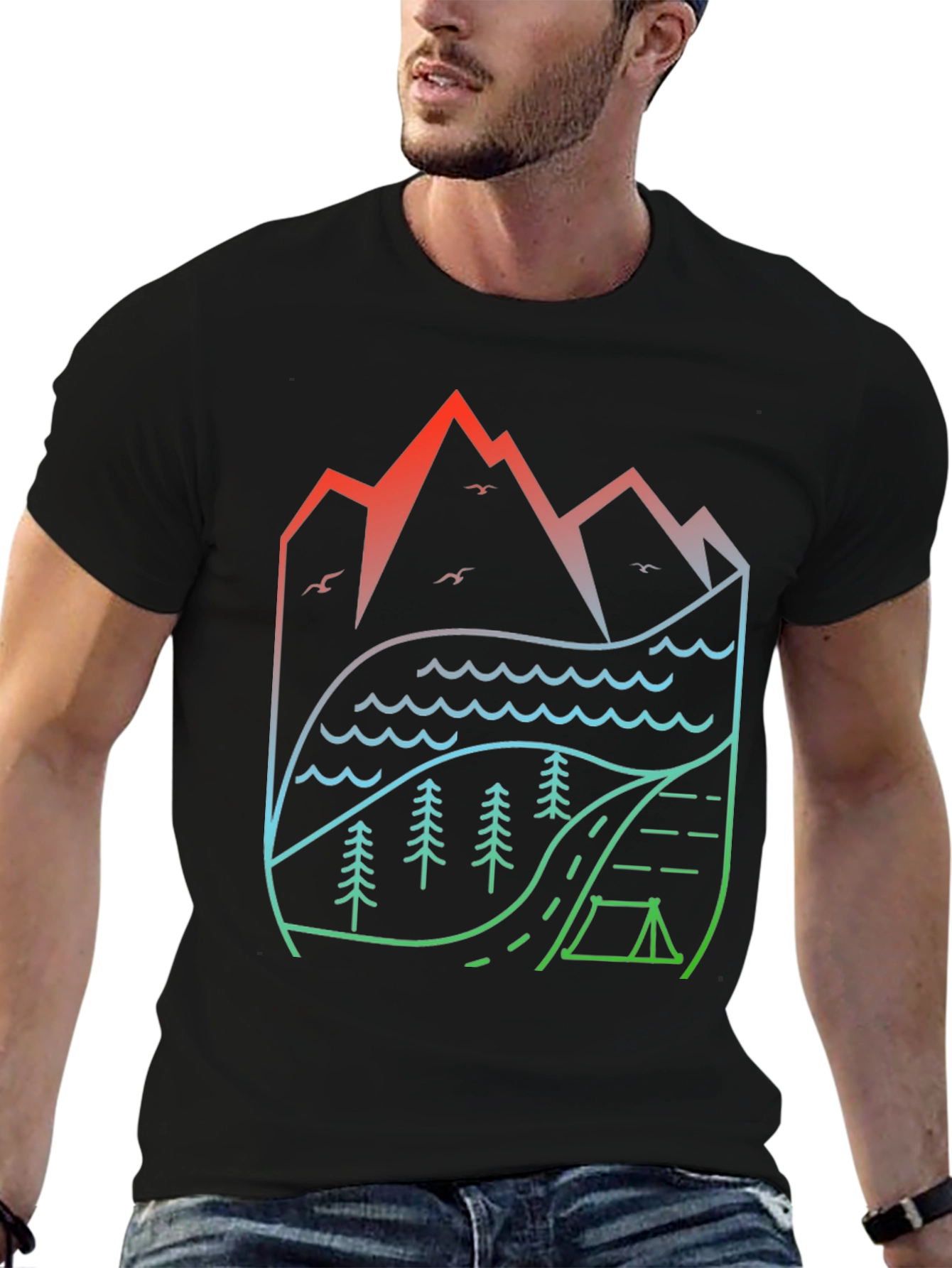 Black Nature's Embrace T-Shirt: Mountain, Lake, Camping Design view 6