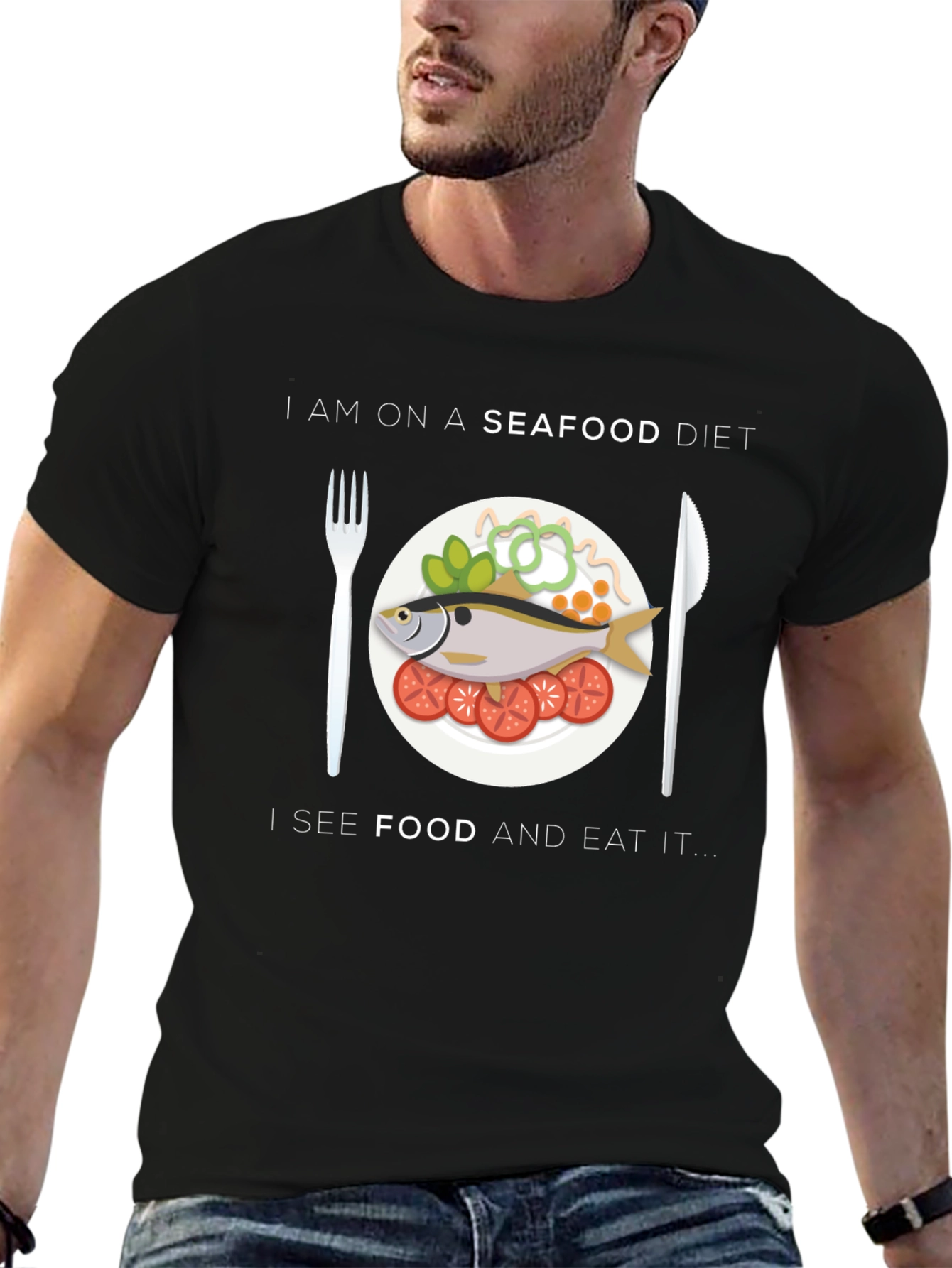 Black Seafood Diet T-Shirt - Funny Foodie Tee view 6