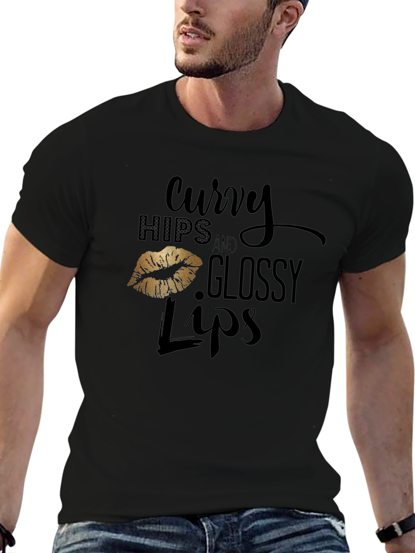 Black Curvy Hips & Glossy Lips Graphic Tee - Black view 6