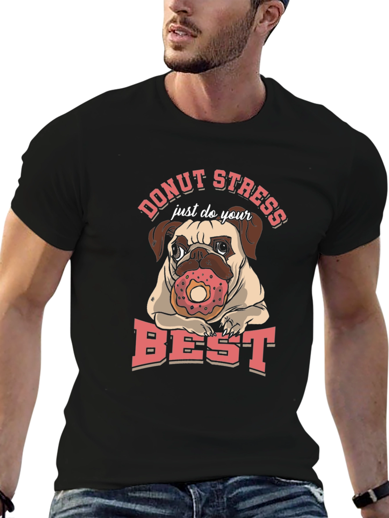 Black Donut Stress Pug T-Shirt view 6