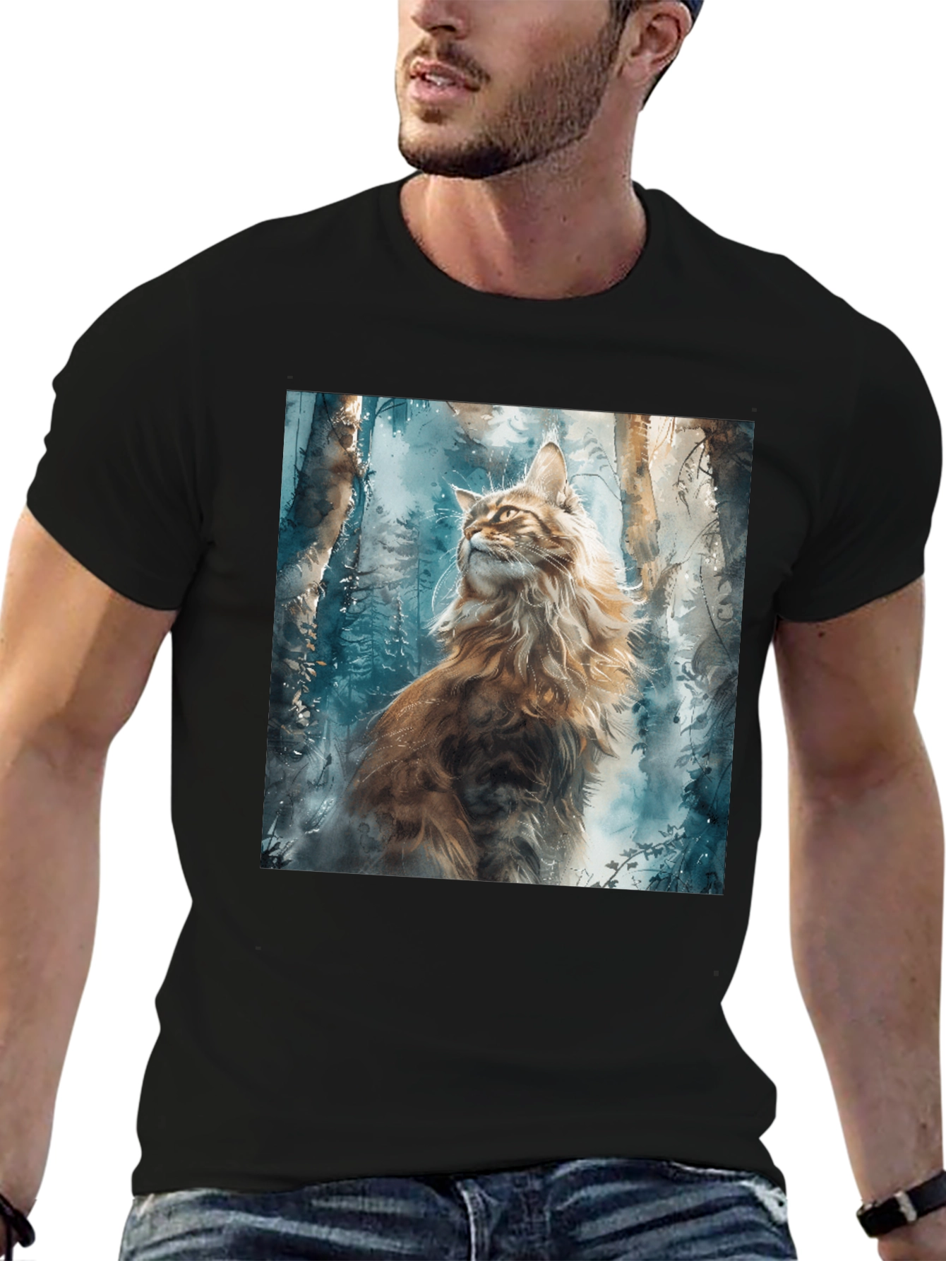 Black Watercolor Cat in Forest Graphic Tee view 6
