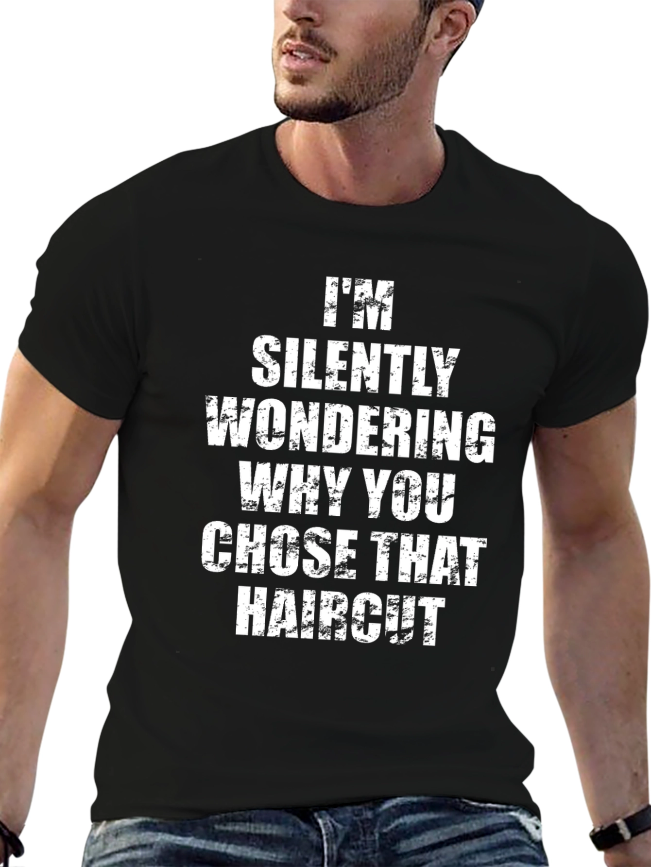 Black Funny Haircut T-Shirt - I'm Silently Wondering view 6