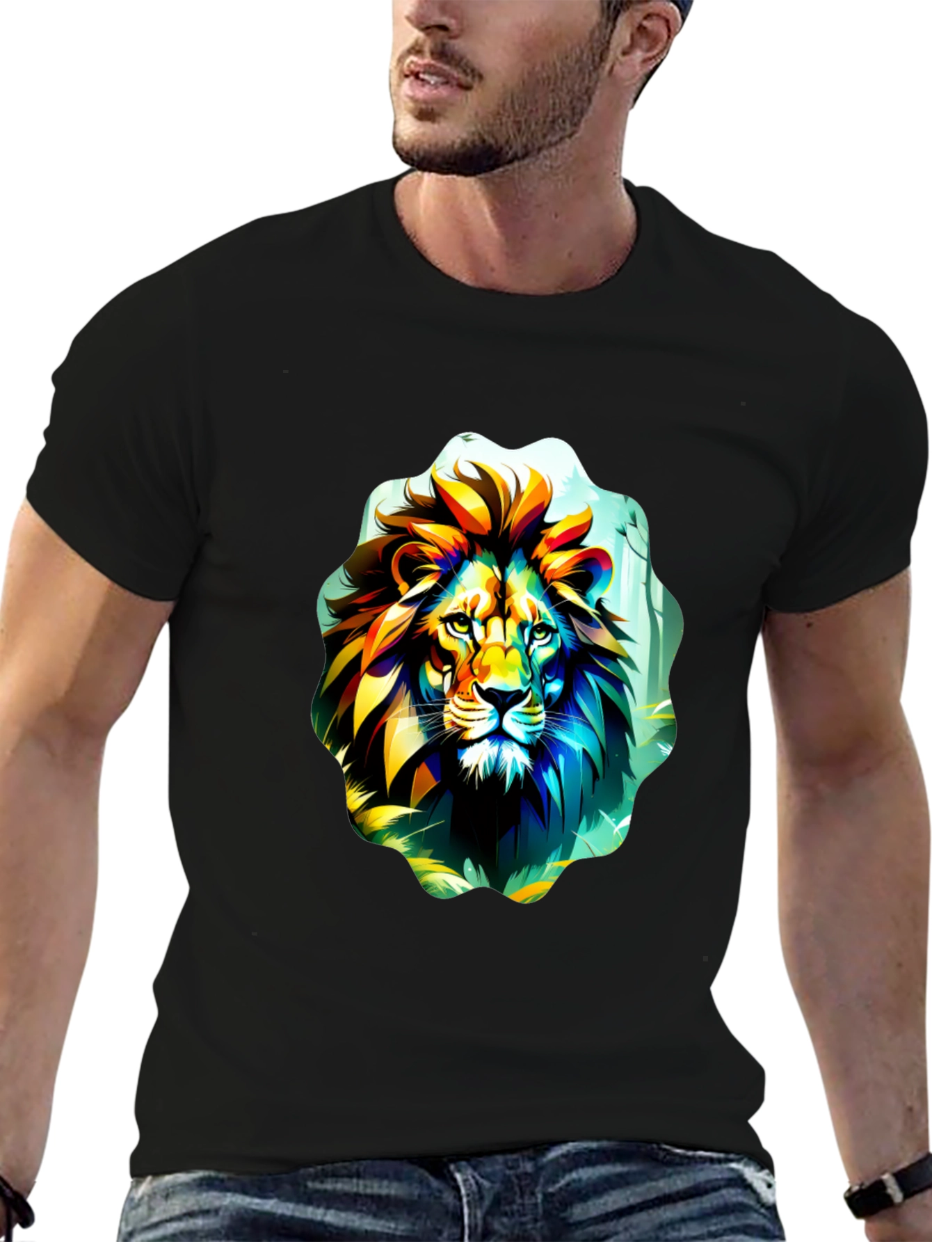 Black Vibrant Lion Graphic Tee - Black Cotton T-Shirt view 6