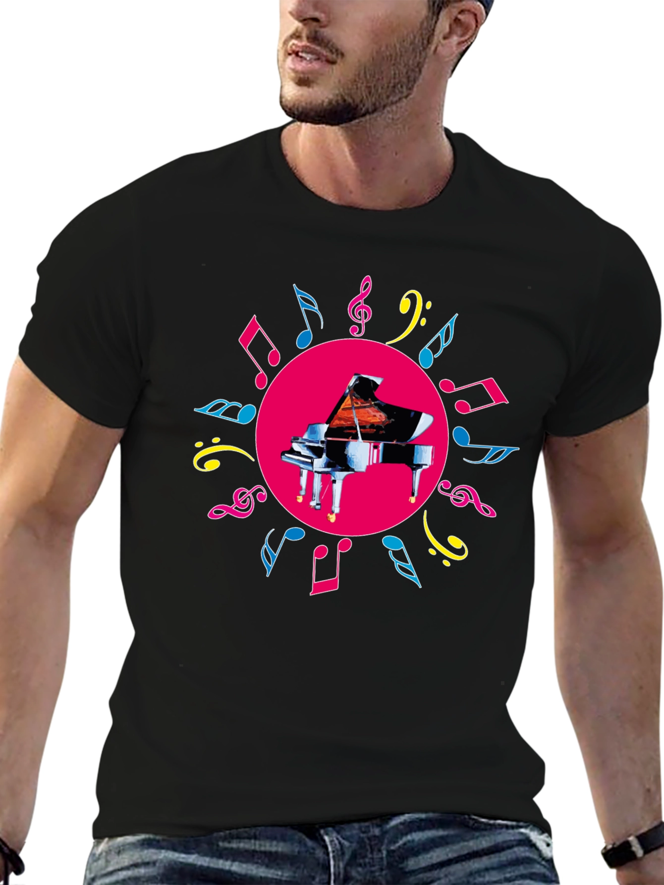 Black Piano & Music Notes Graphic Tee - Black view 6