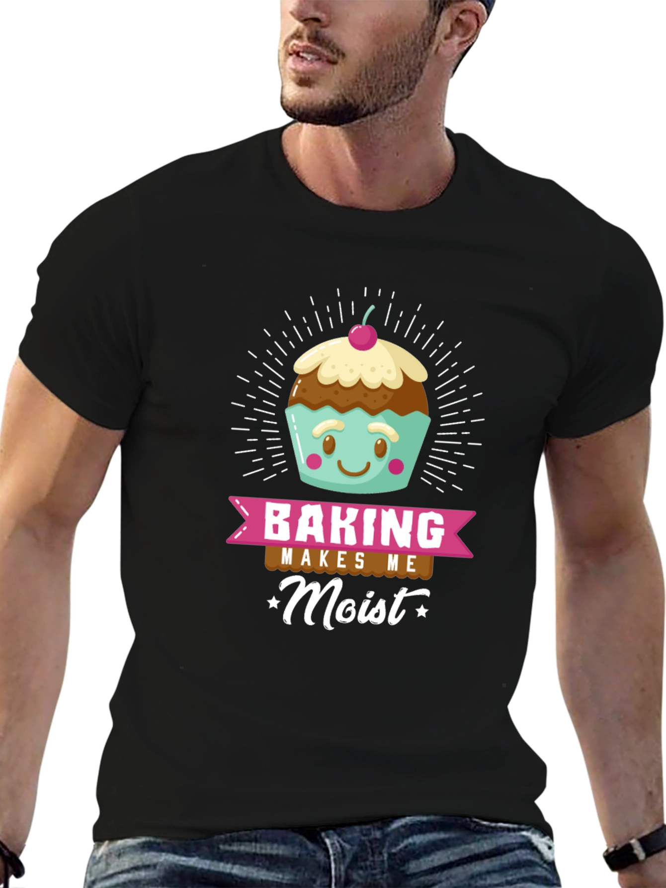 Black Baking Makes Me Moist Funny T-Shirt view 6