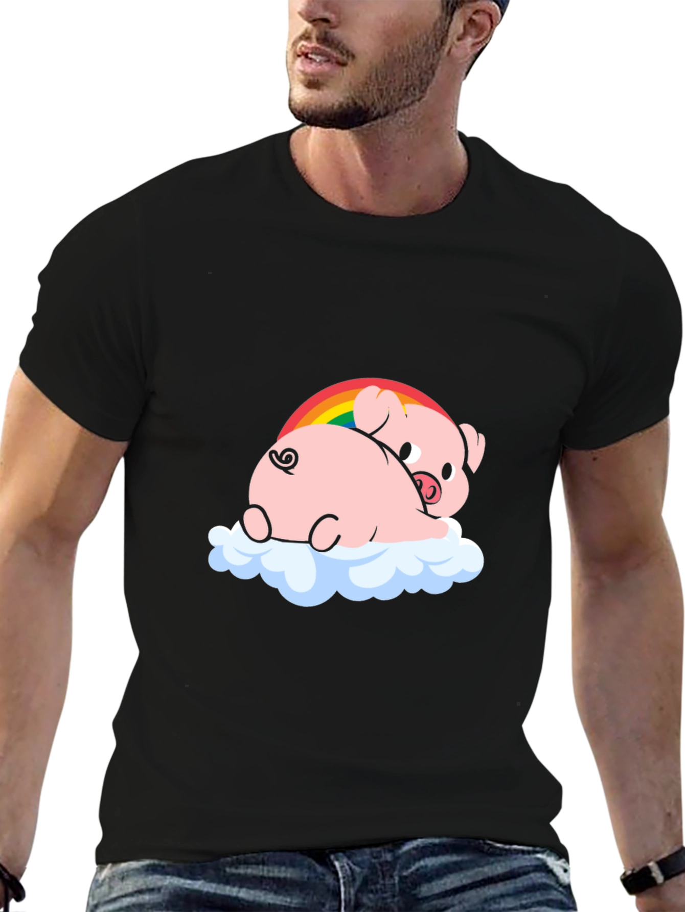 Black Cute Pig Rainbow Cloud Graphic T-Shirt view 6