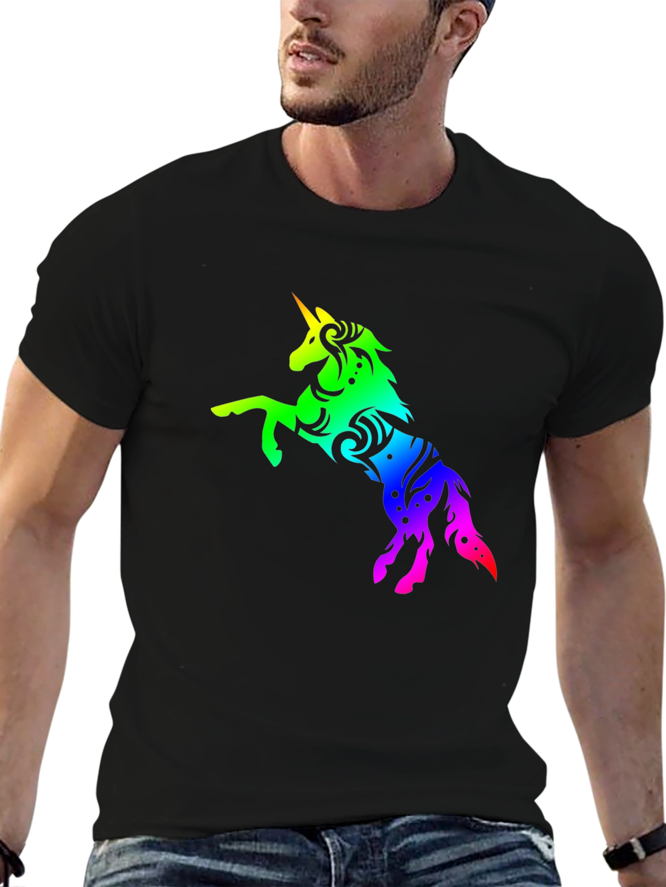 Black Rainbow Unicorn Graphic Tee - Stylish Black T-Shirt view 6