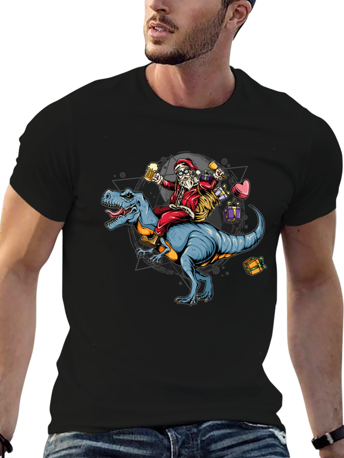 Black Santa Riding Dinosaur T-Shirt - Festive Holiday Apparel view 6