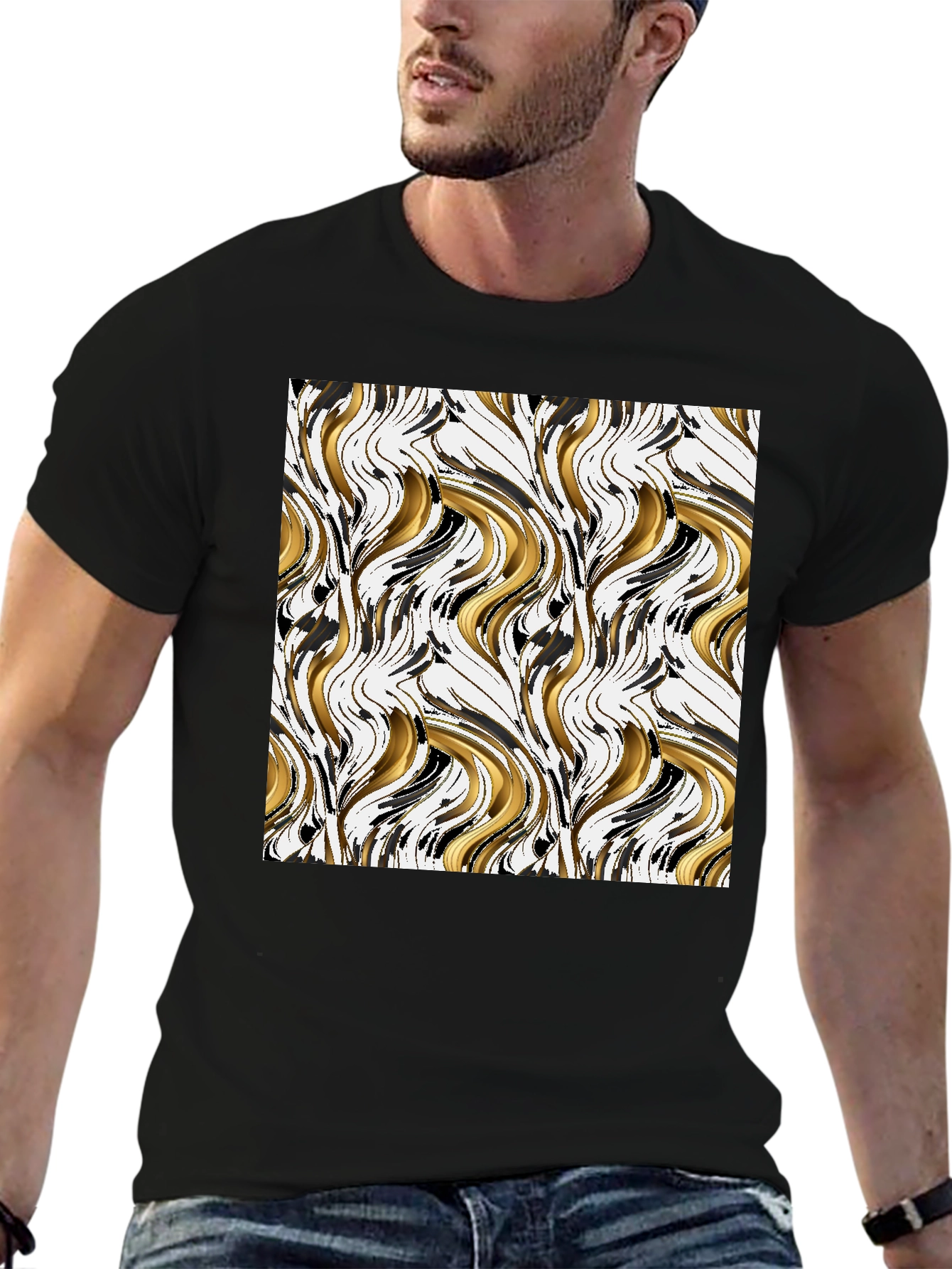 Black Abstract Gold & Black Swirl Print Black T-Shirt view 6