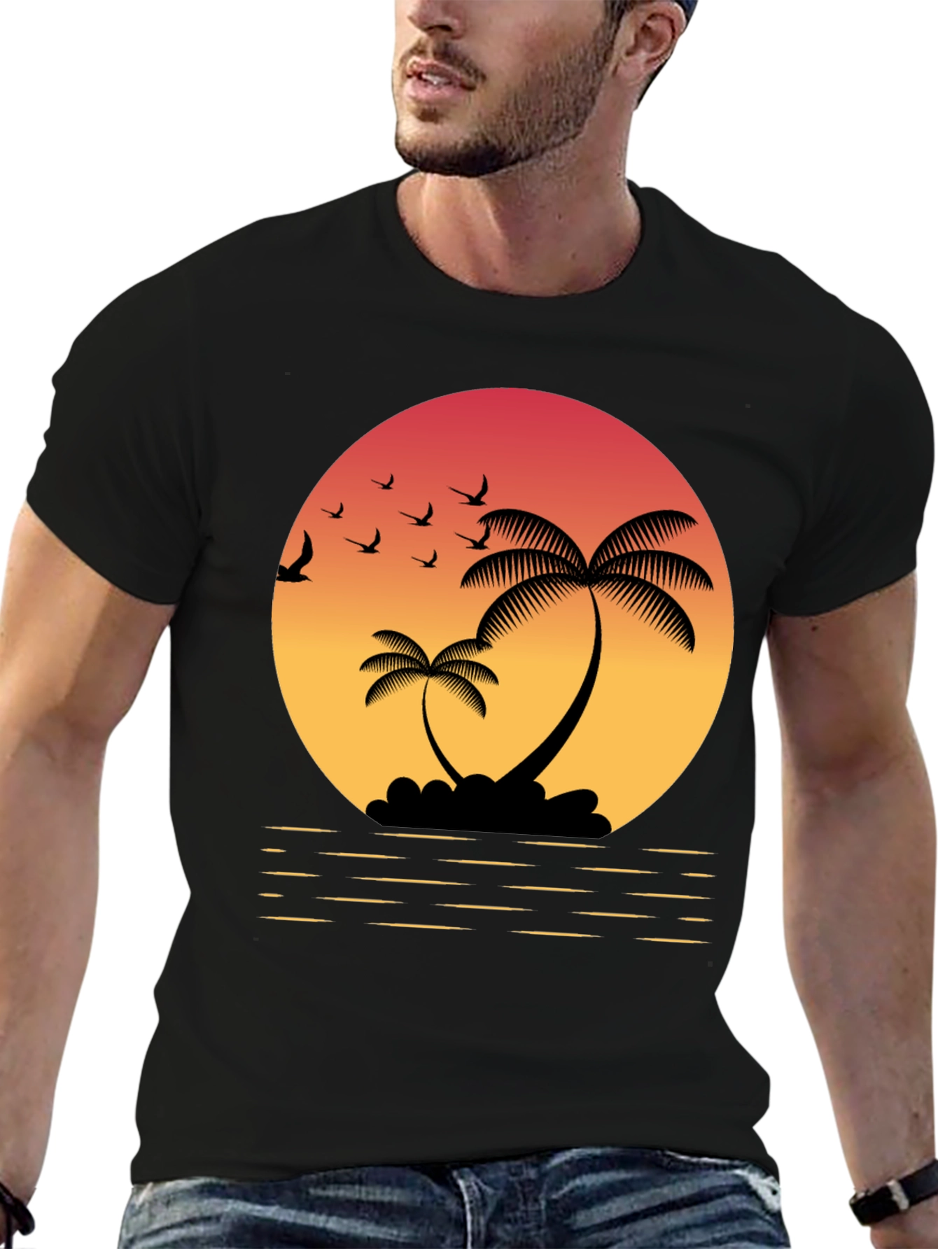 Black Tropical Sunset T-Shirt: Palm Trees & Birds view 6