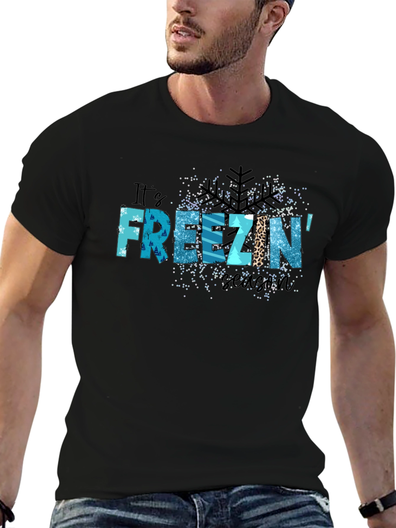 Black It's Freezin' Season Black Graphic T-Shirt view 6