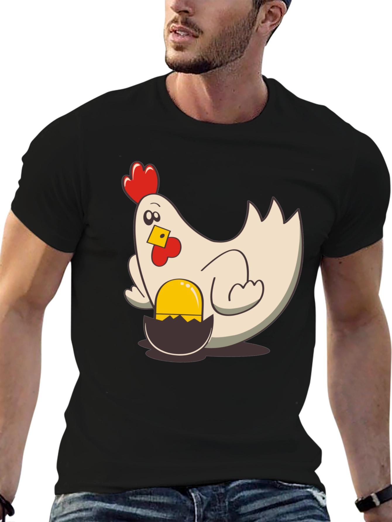 Black Funny Chicken and Egg Cartoon T-Shirt view 6