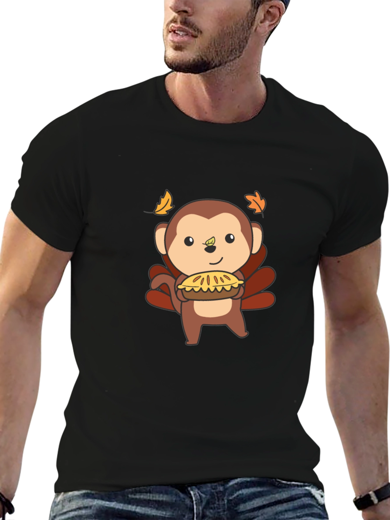 Black Thanksgiving Monkey Holding Pie Black T-Shirt view 6