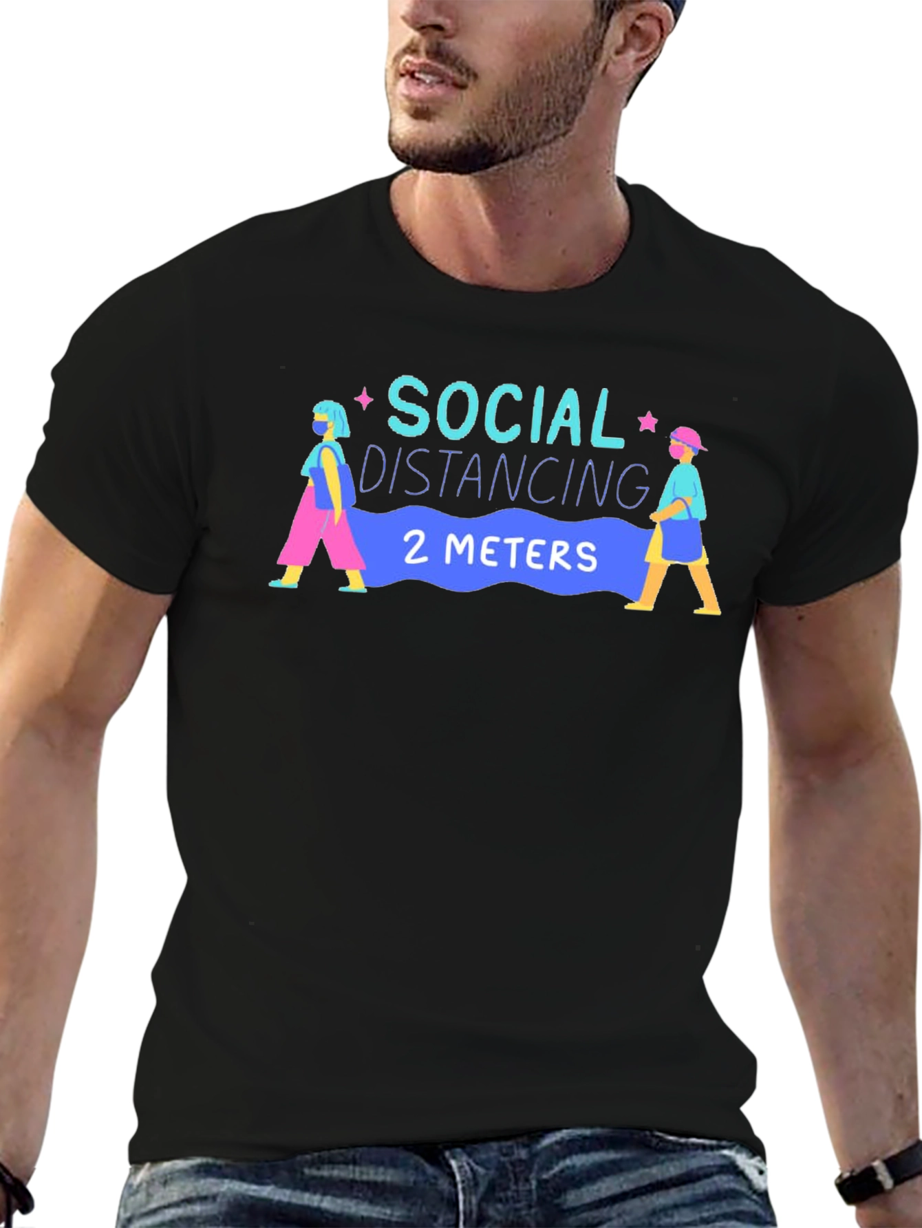 Black Social Distancing 2 Meters T-Shirt - Novelty Graphic Tee view 6