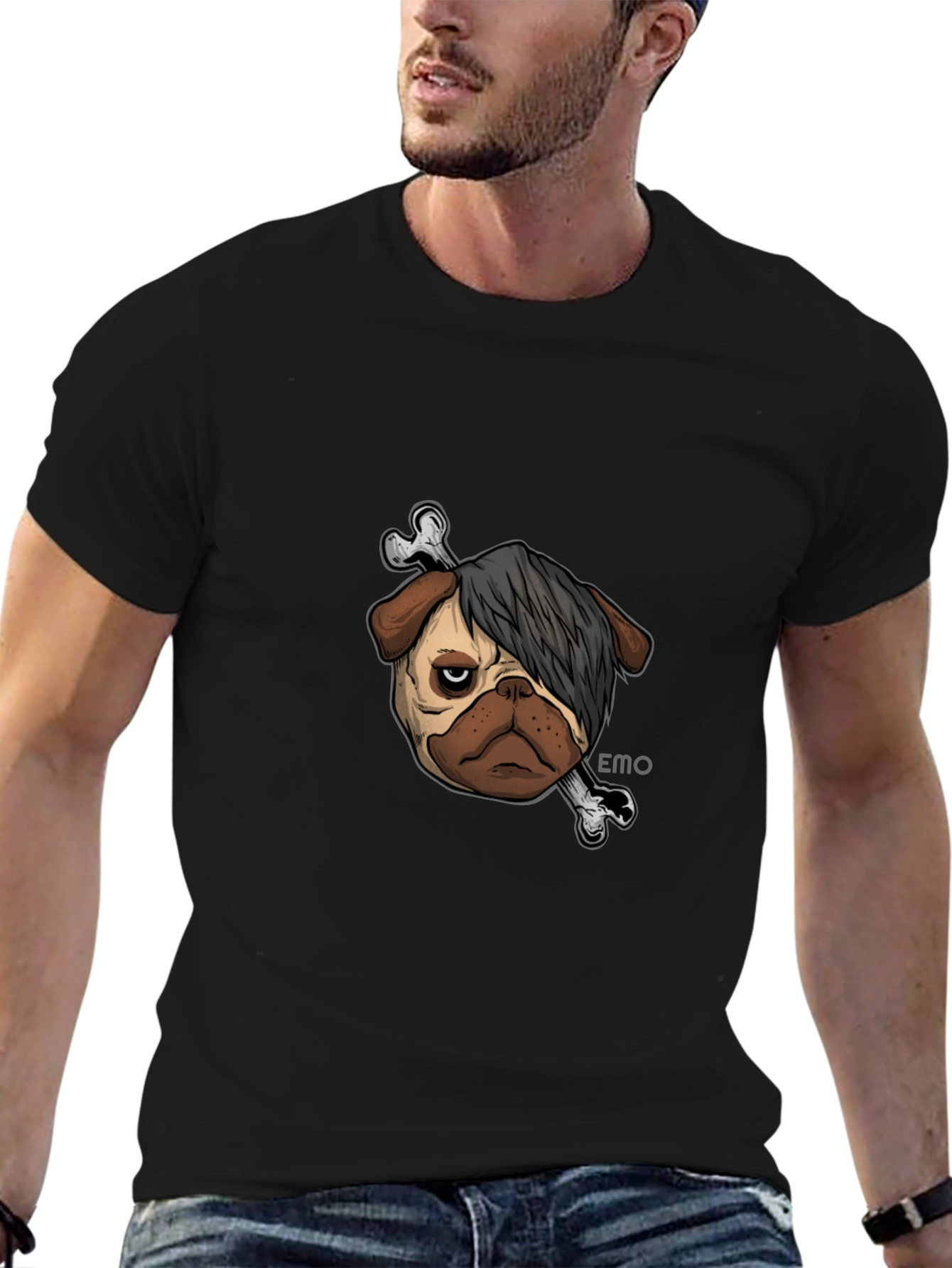 Black Emo Pug T-Shirt - Unisex Black Cotton Graphic Tee view 6