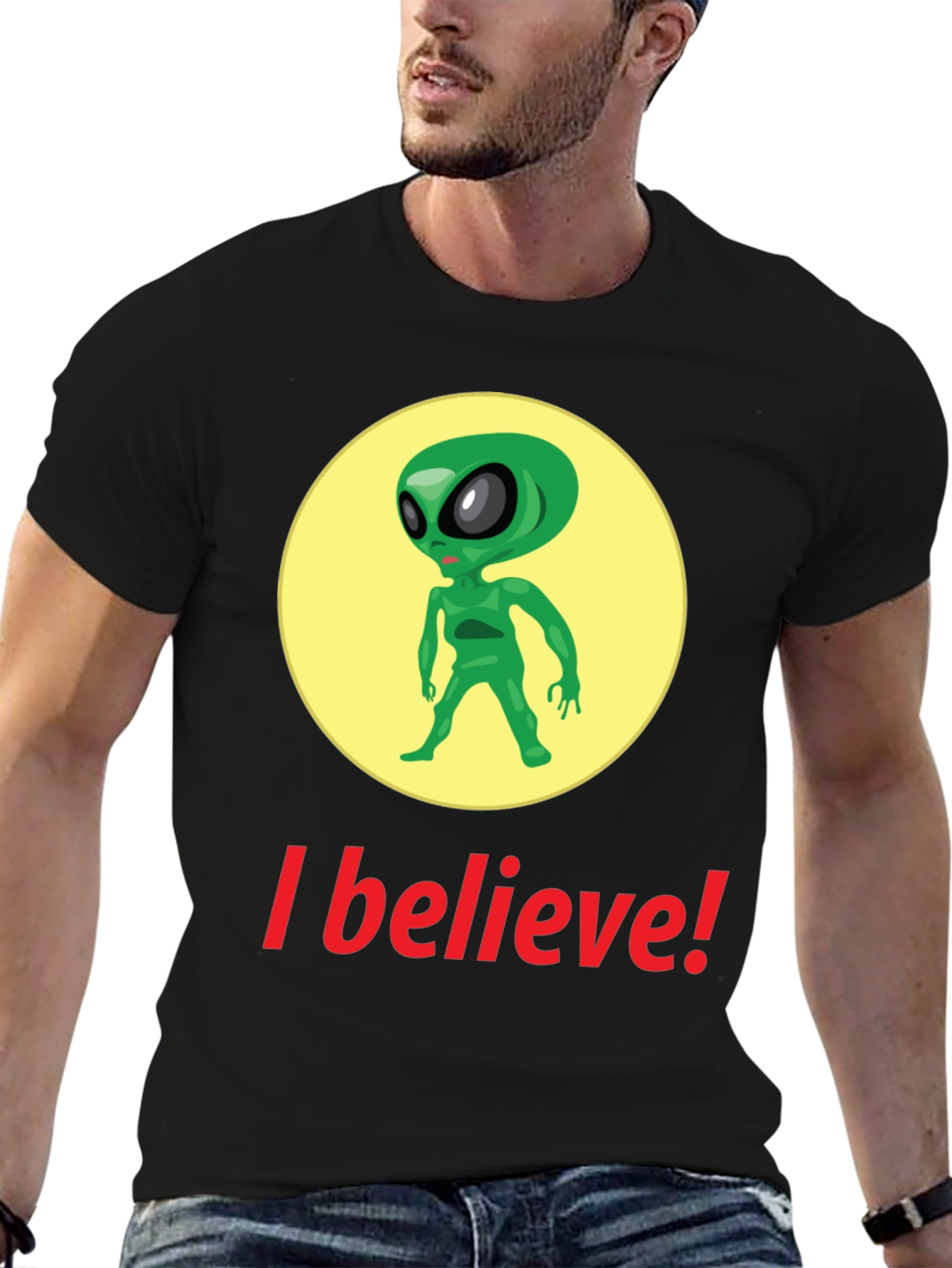 I Believe Alien Graphic Tee - Black Cotton T-Shirt - 6