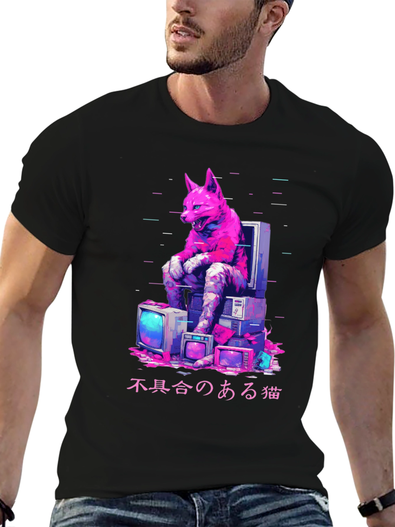 Black Cyberpunk Cat Glitch T-Shirt view 6