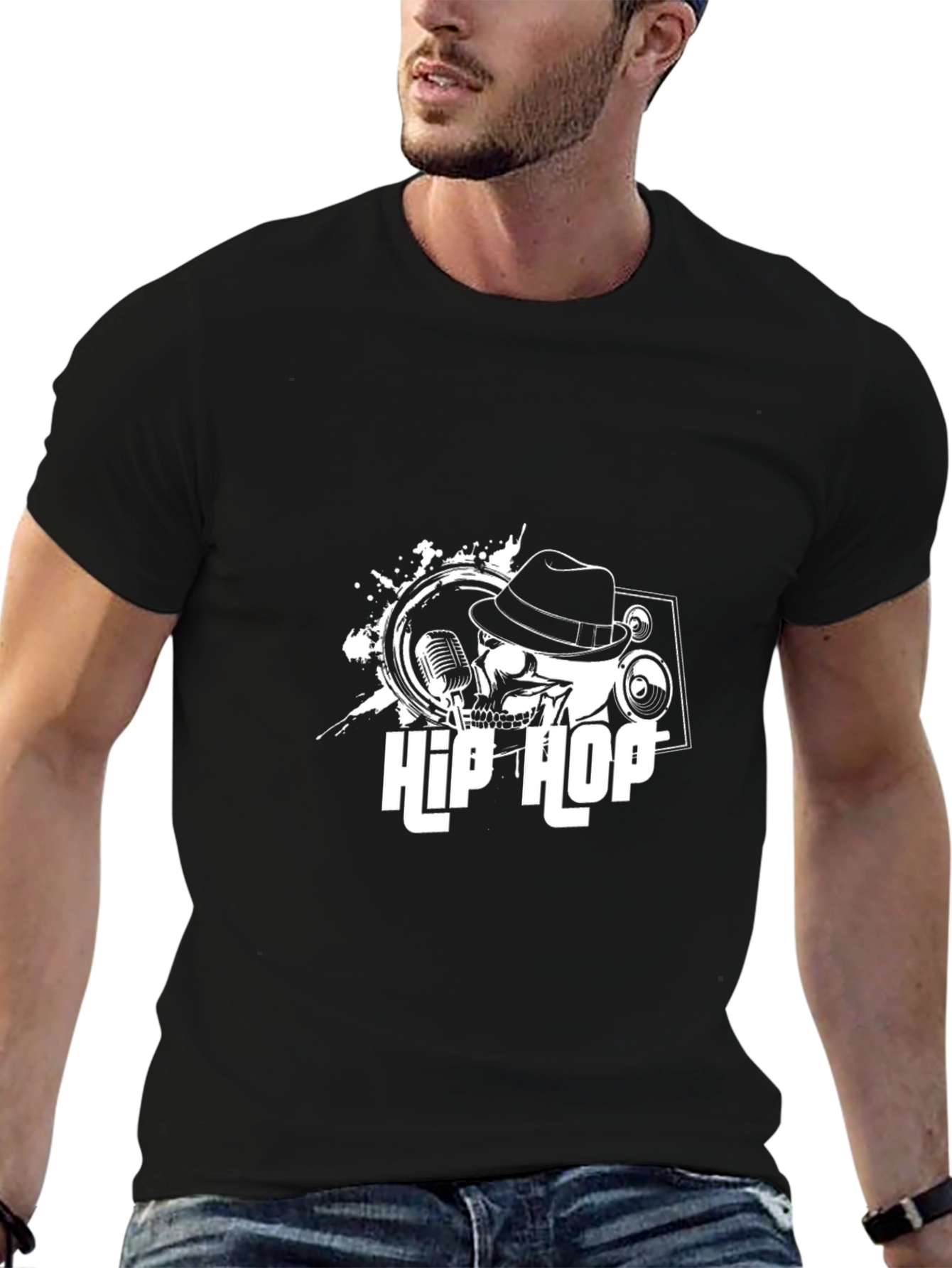 Black Hip Hop Skull Graphic T-Shirt - Black view 6