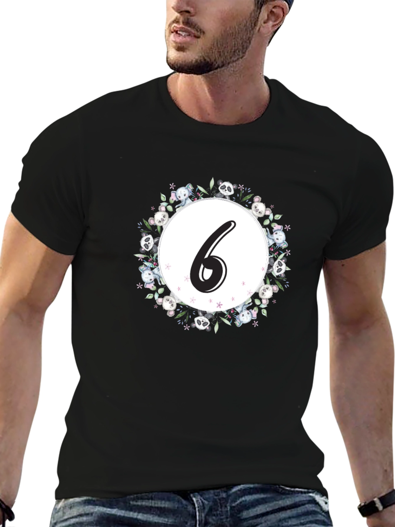 Black Cute Number 6 Panda Floral Wreath Black T-Shirt view 6
