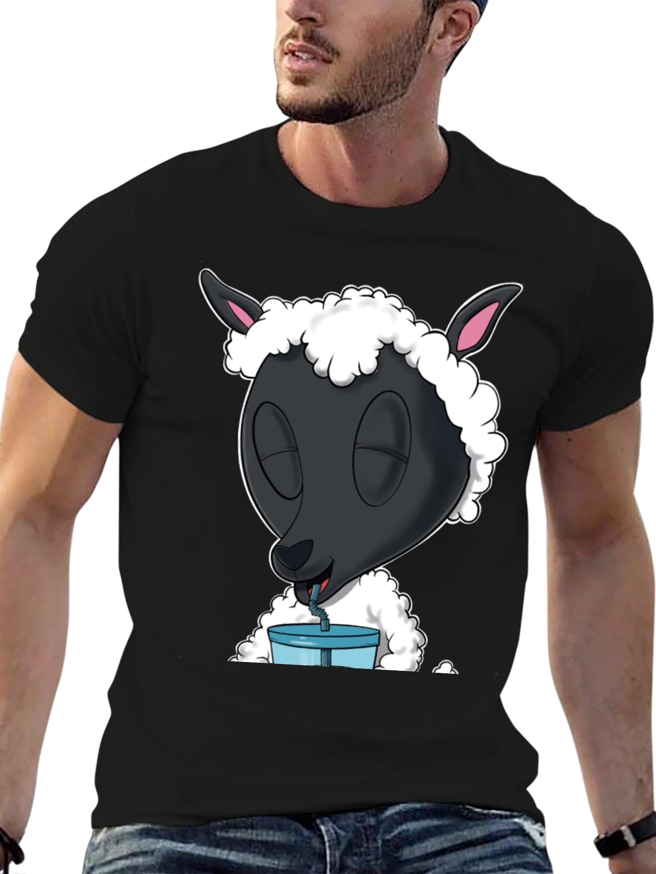 Black Black Sheep Drinking T-Shirt - Cartoon Style view 6