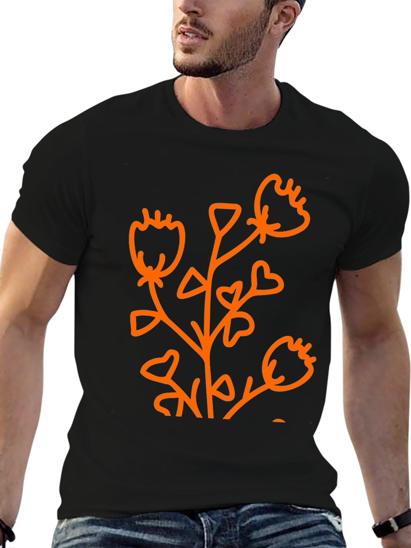 Black Black Graphic Tee - Abstract Orange Flower Design view 6