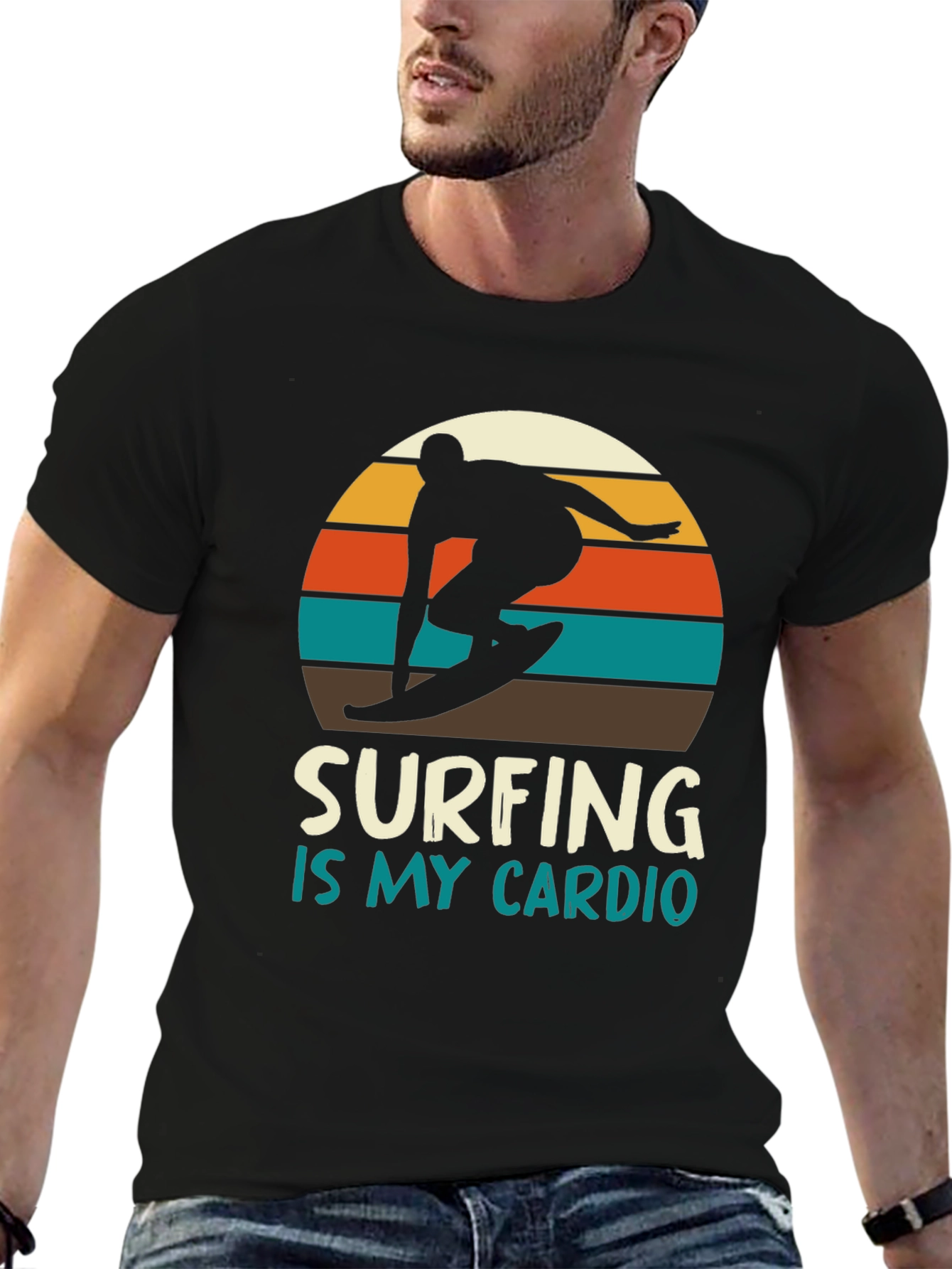 Black Surfing is My Cardio T-Shirt - Retro Sunset Design view 6