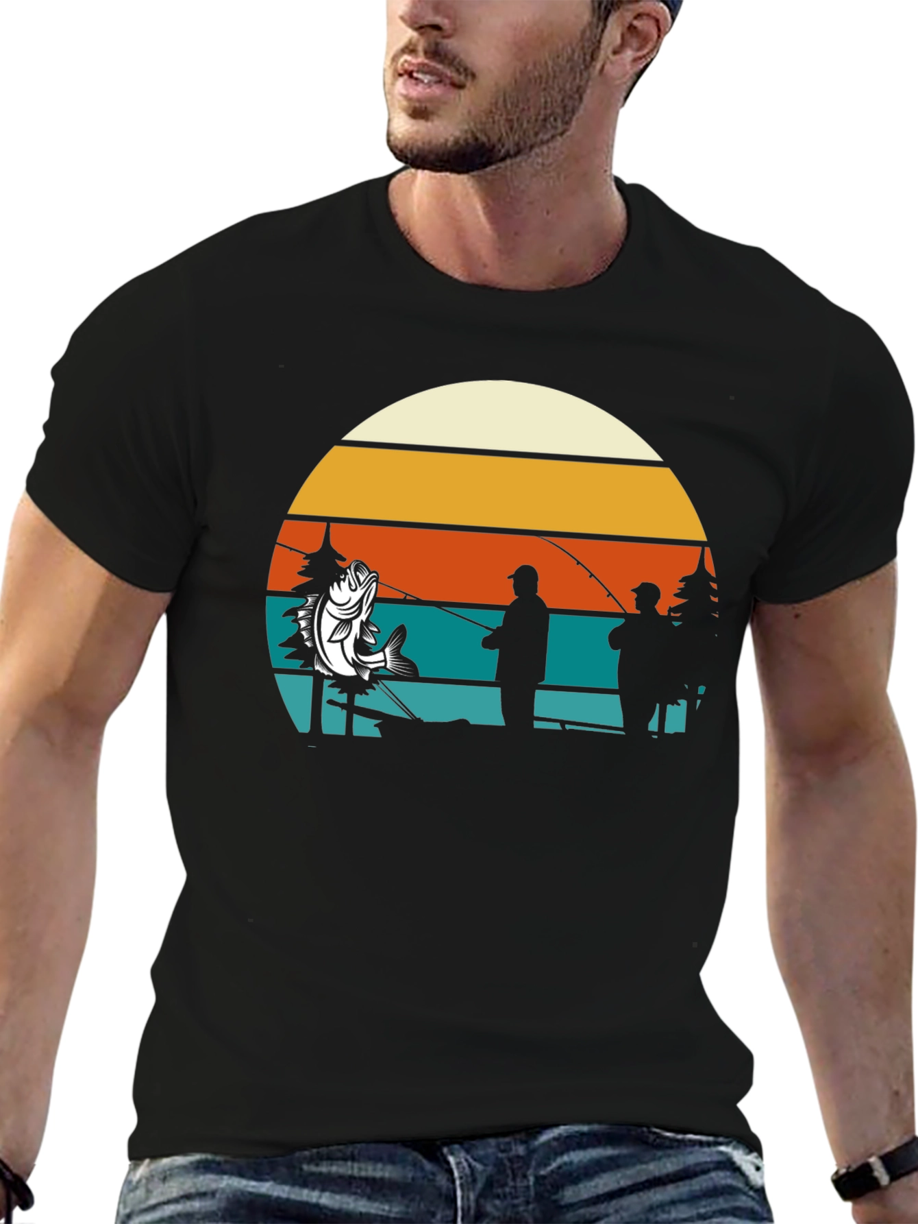 Black Fishing Retro Sunset T-Shirt view 6