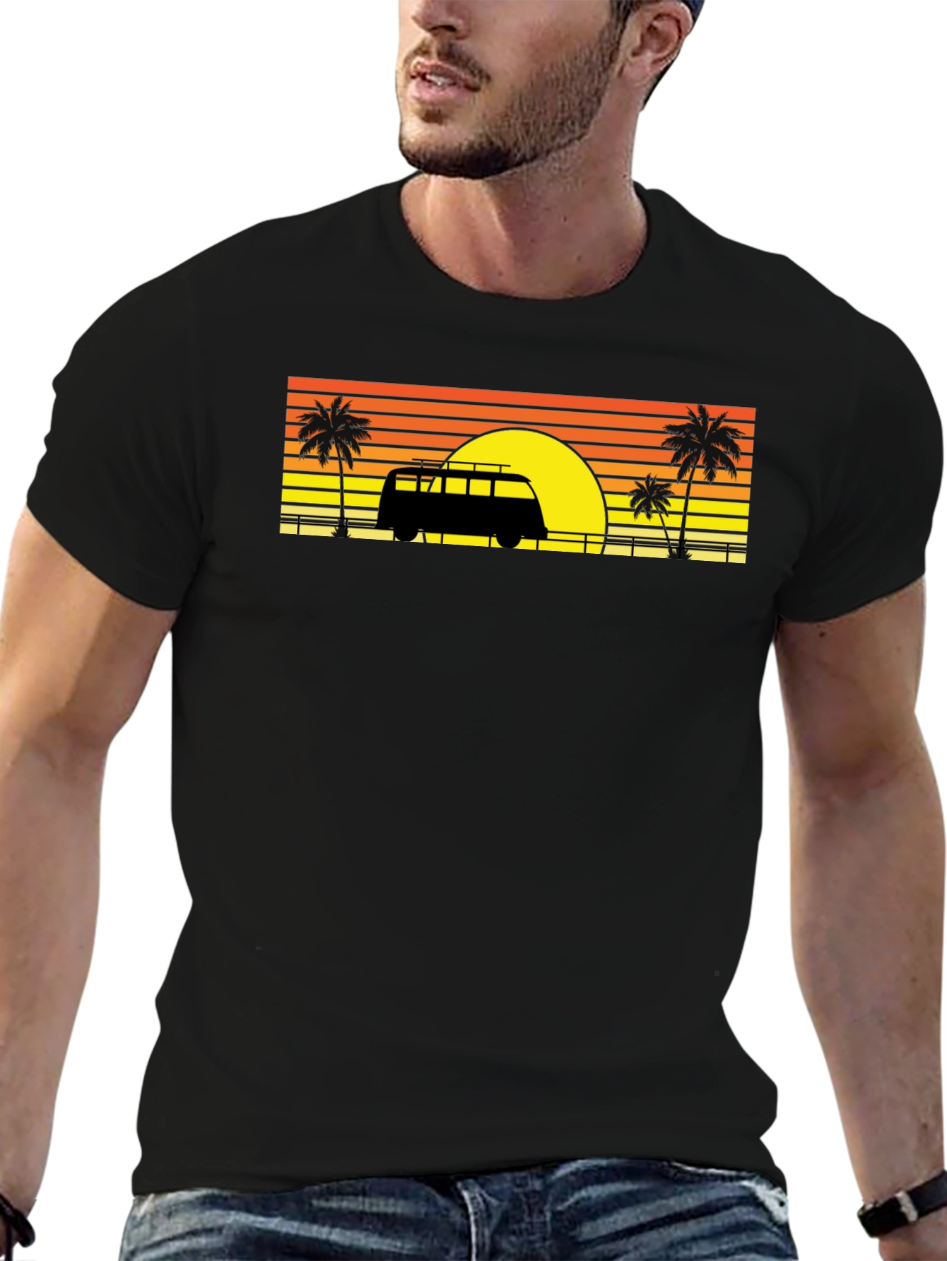 Black Sunset Van Palm Tee - Retro Beach Vibes view 6