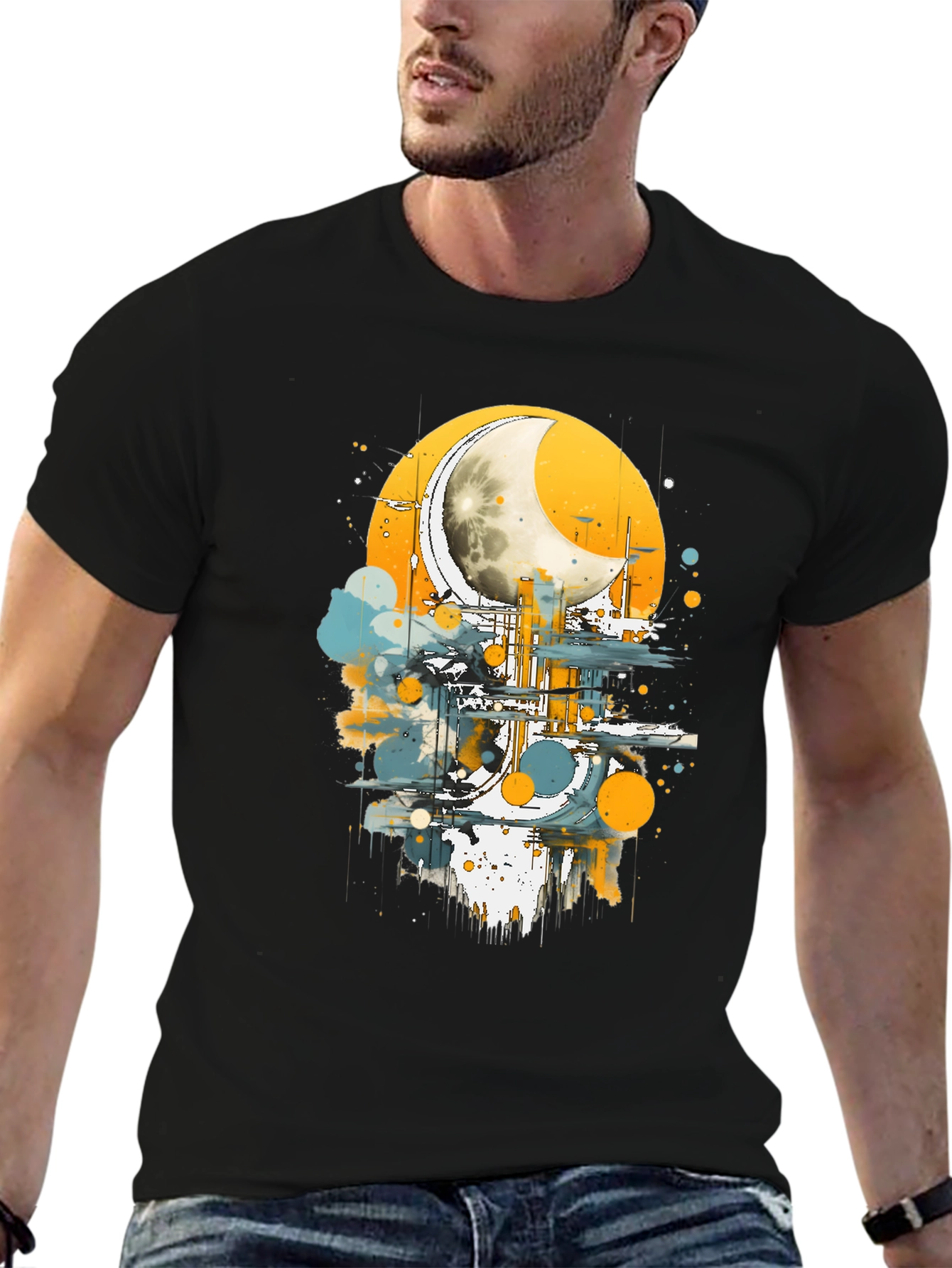 Black Abstract Moon Graphic Tee - Stylish Black Cotton T-Shirt view 6