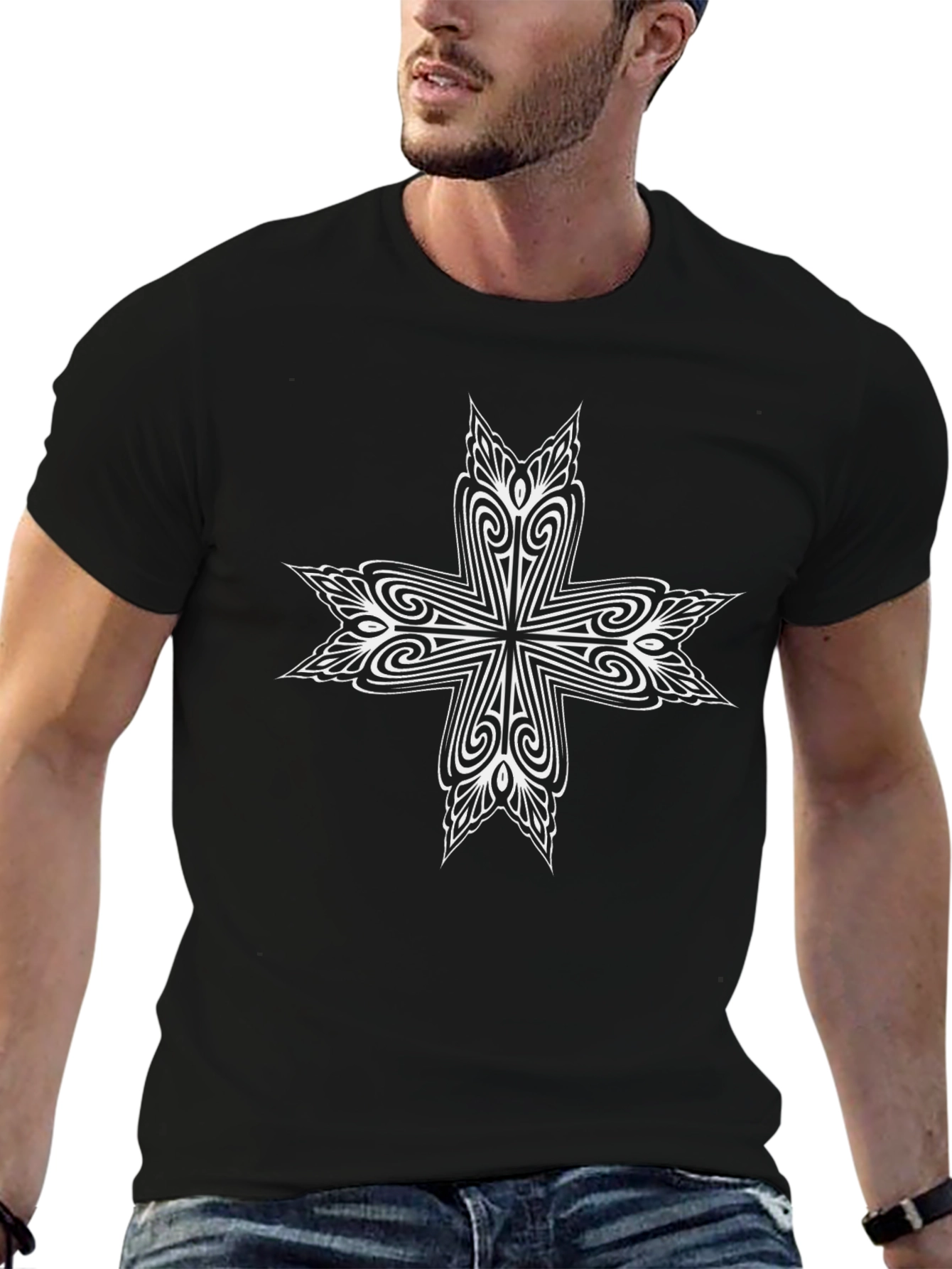 Black Men's Black T-Shirt with White Ornamental Cross Design view 6