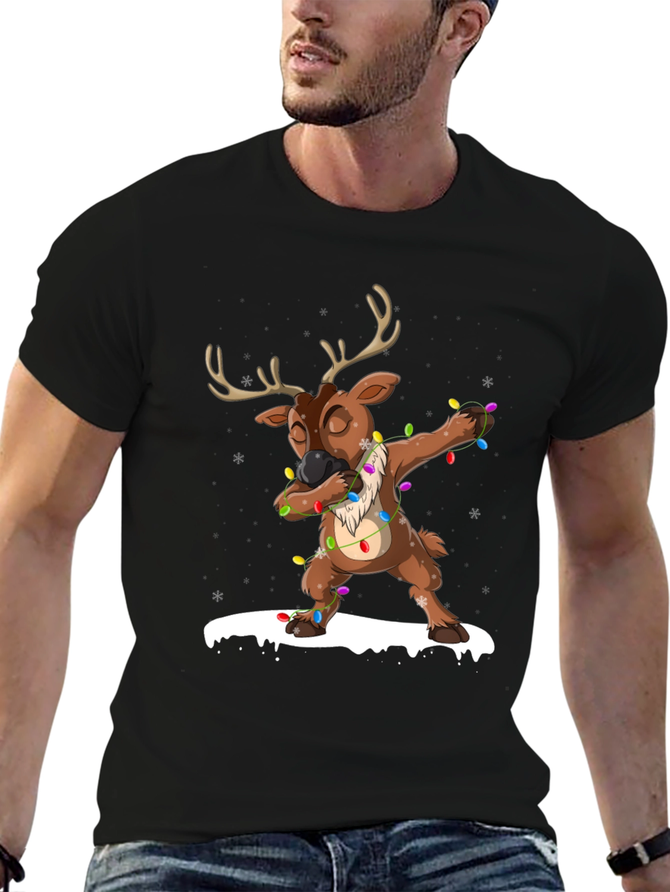 Black Dabbing Reindeer Christmas T-Shirt view 6